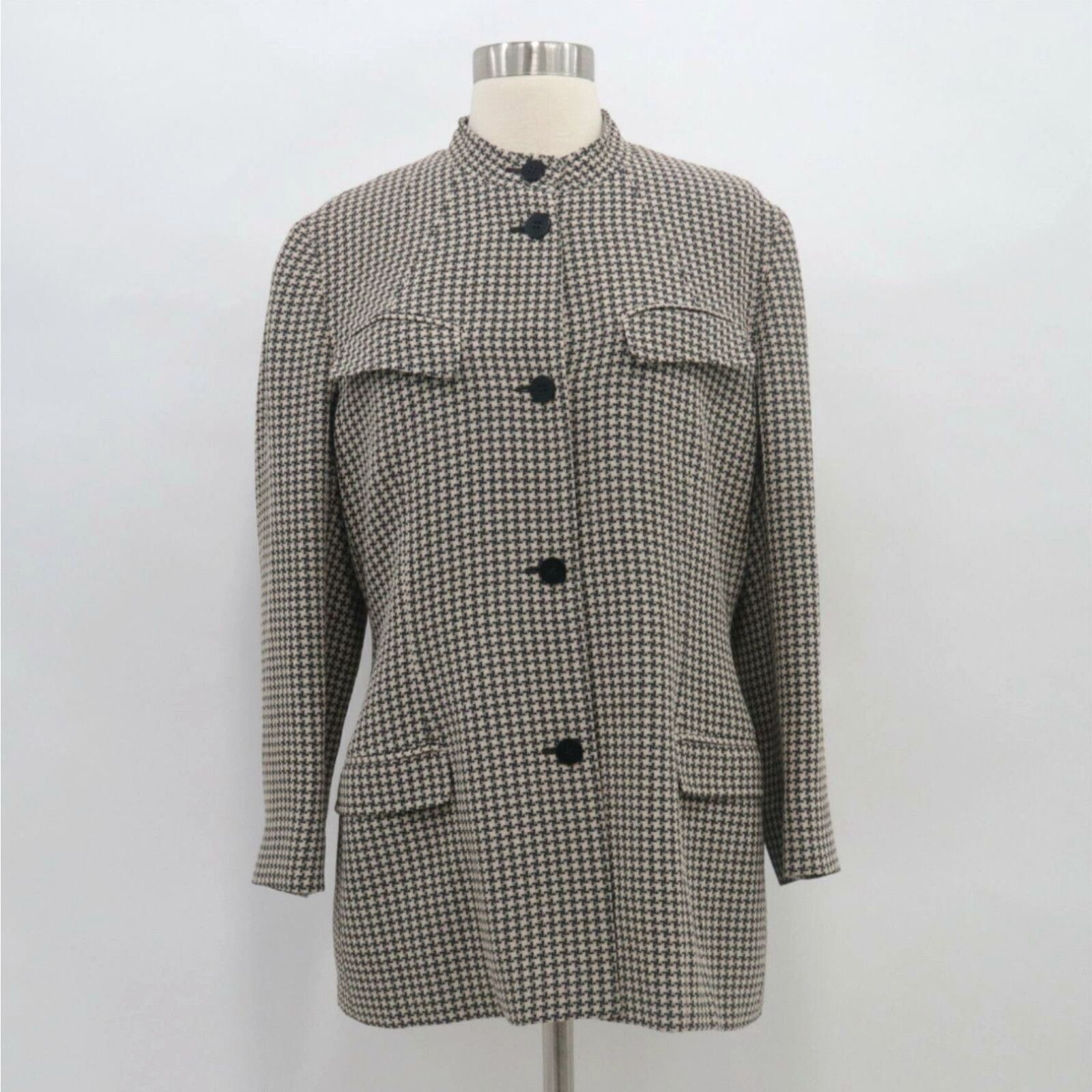 image of Giorgio Armani Blazer Jacket Womens 10 Wool Houndstooth Black Ivory Classic in White (Size Large)