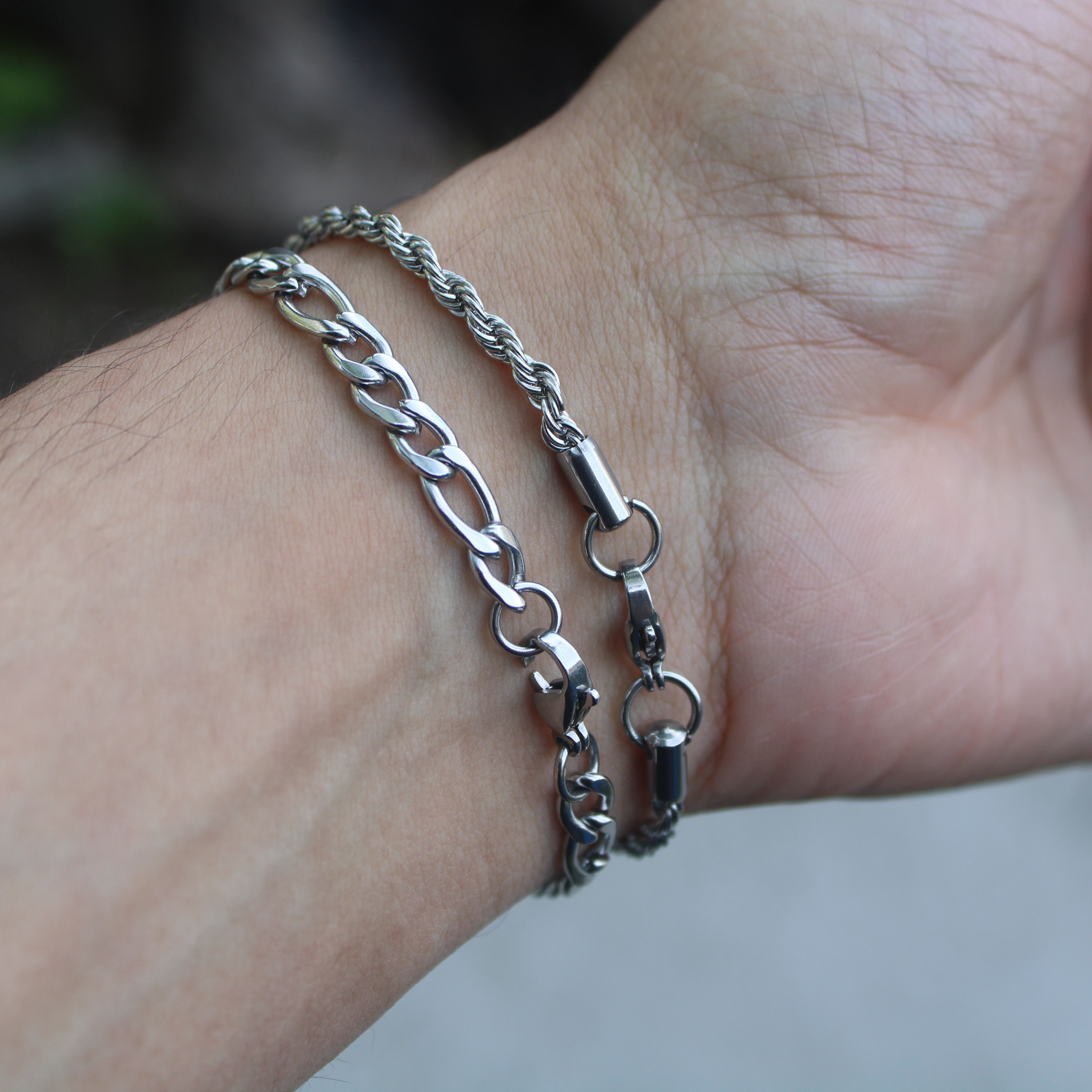 Jewelry Silver 5mm Figaro Link & 3mm Rope Bracelet Set Size ONE SIZE - 3 Thumbnail