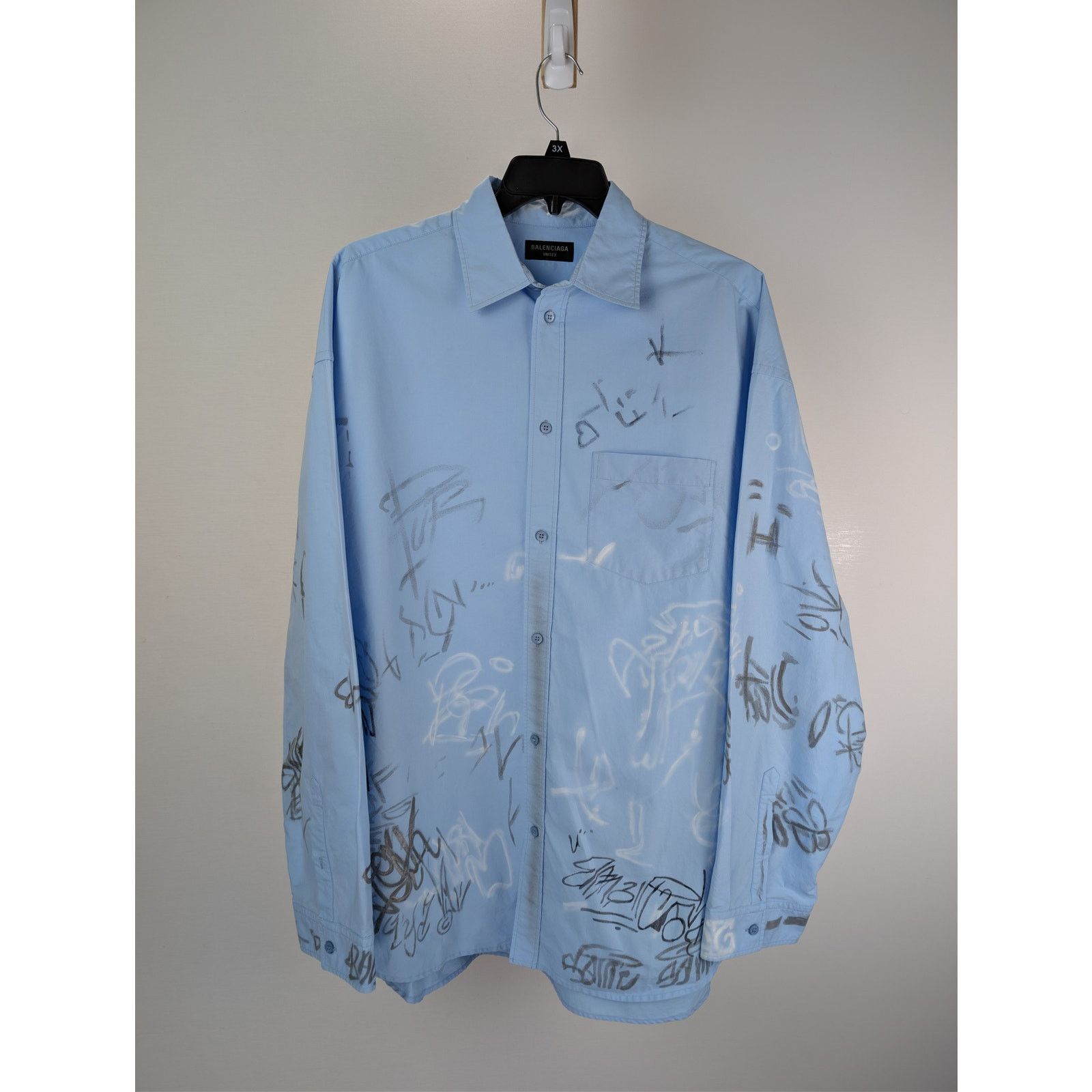 Balenciaga o1rshd1 Cotton Poplin Graffiti Shirt in Sky Blue Size US L / EU 52-54 / 3 - 1 Thumbnail