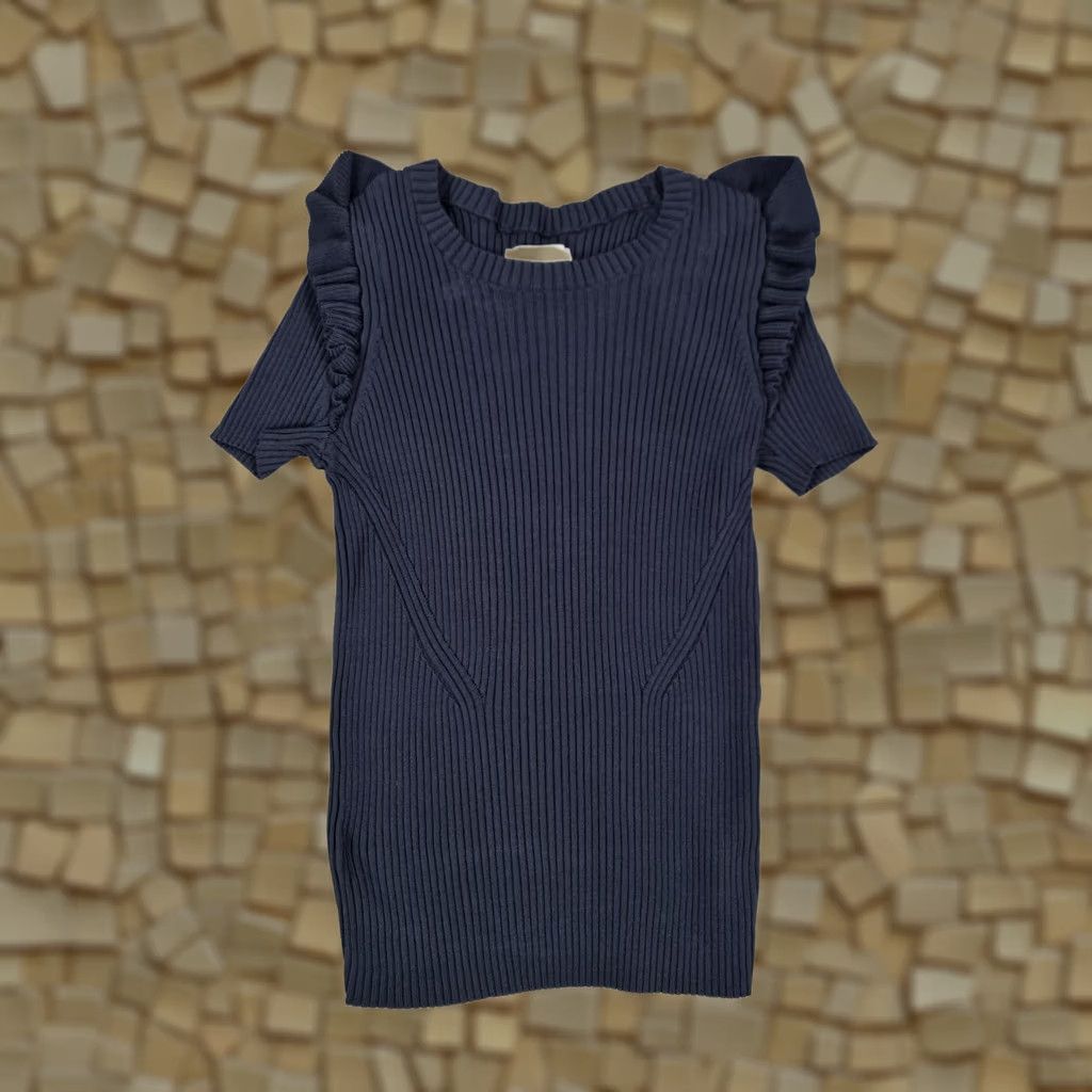 Cinq a Sept 5 a 7 Cinq a sept Womens T-Shirt XS Navy Blue Ribbed Knit Short Sleeve Crew Neck Pullover Logo Basic Casual Size XS / US 0-2 / IT 36-38 - 1 Thumbnail