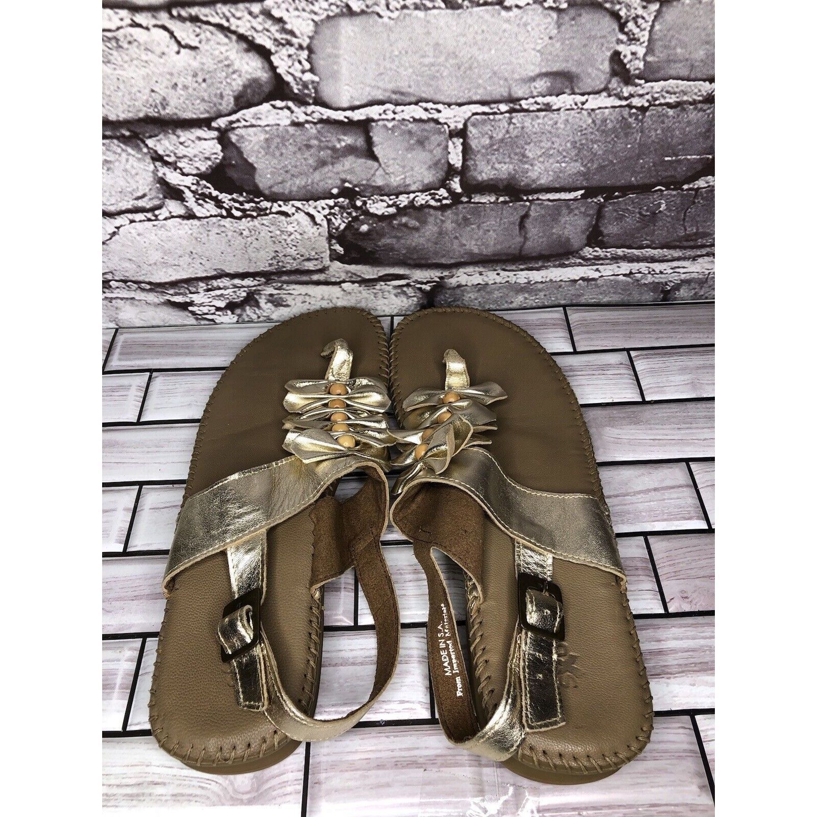 LITTLE AFRICA Soul of Africa Brown Leather Flower Ruffle Slingback Sandals Size US 11 / IT 41 - 4 Thumbnail