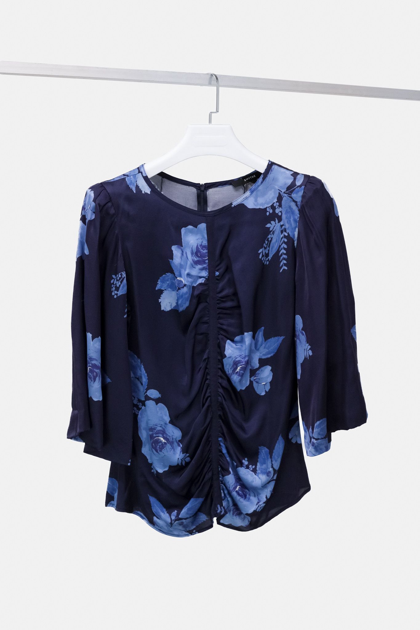 image of Smythe Flute Sleeve Floral Blouse In Navy Rose in Floral Navy, Women's (Size Large)