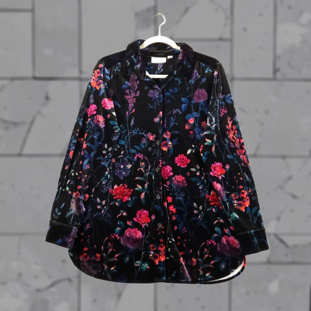 Belle Kim Gravel Tunic Womens Medium Floral Velvet Button Up Black Red Blue, Women's