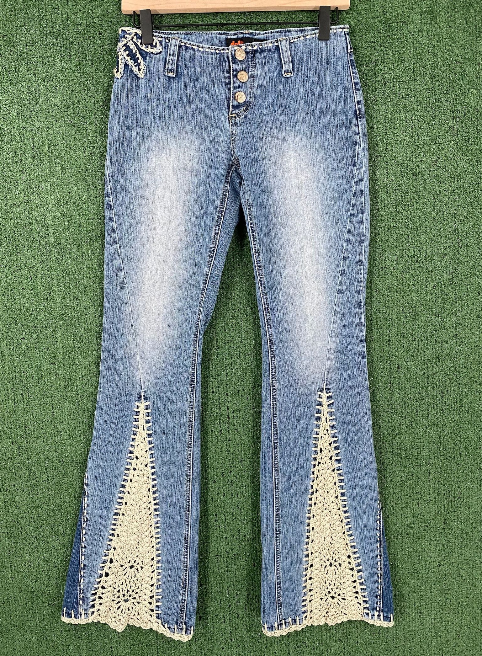 Y2K Dollhouse Crochet Flare Bell Bottom Jeans 26” Waist