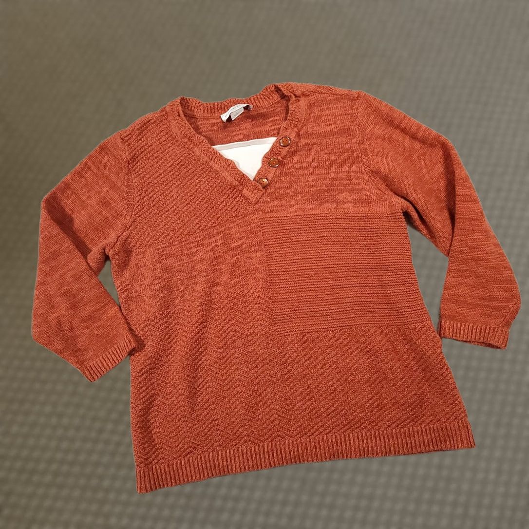 Vintage Christopher & Banks Sweater Women’s Large Orange 3/4 Sleeve V-Neck Knit Size L / US 10 / IT 46 - 1 Thumbnail