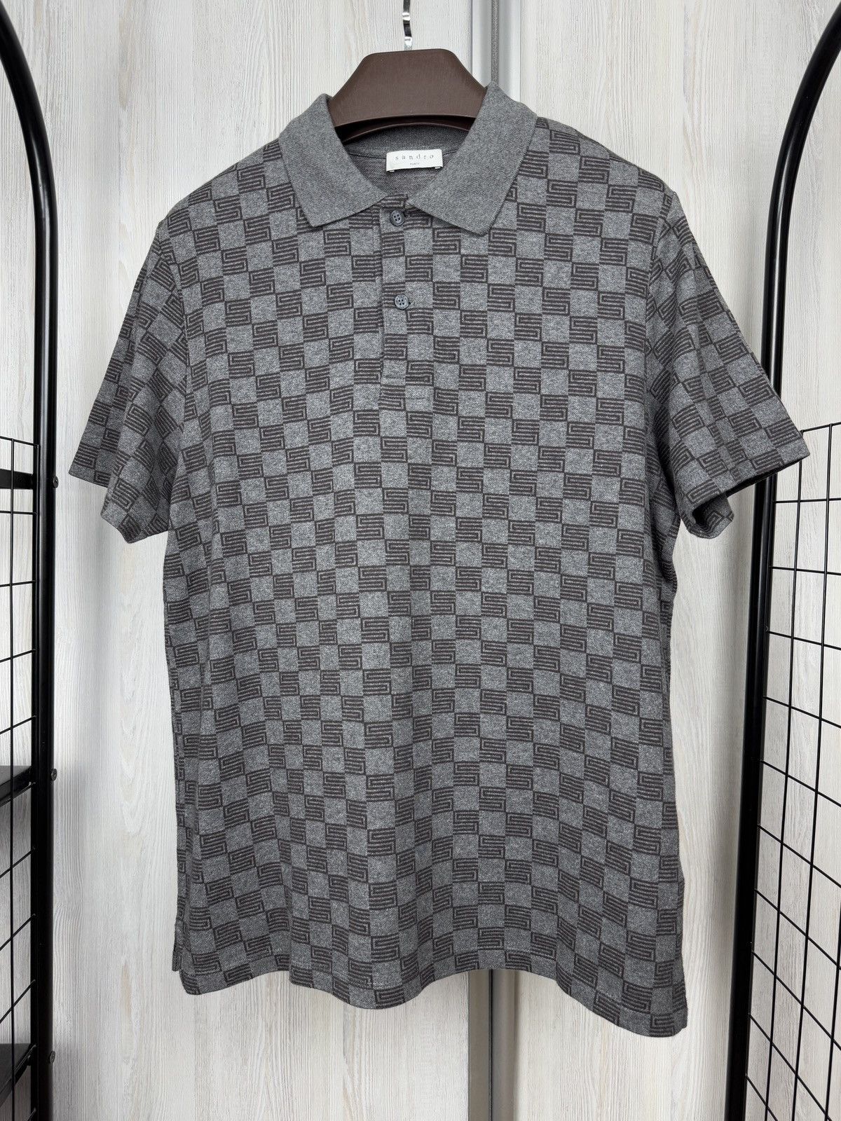 Sandro Sandro Grey Check Print Cotton Pique Polo T-Shirt L-XL Size US XL / EU 56 / 4 - 1 Thumbnail