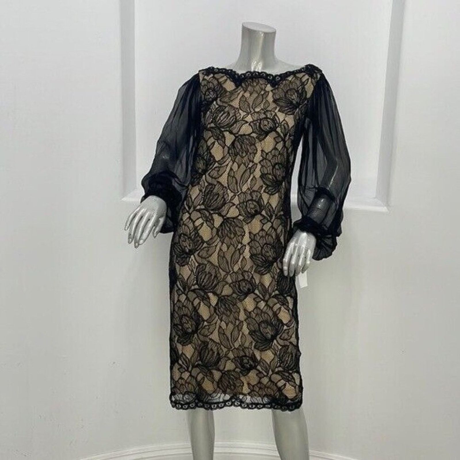 Tadashi Shoji Tadashi Shoji Black Lace Sheath Dress Midi Long Sleeve 8 Size M / US 6-8 / IT 42-44 - 12 Thumbnail