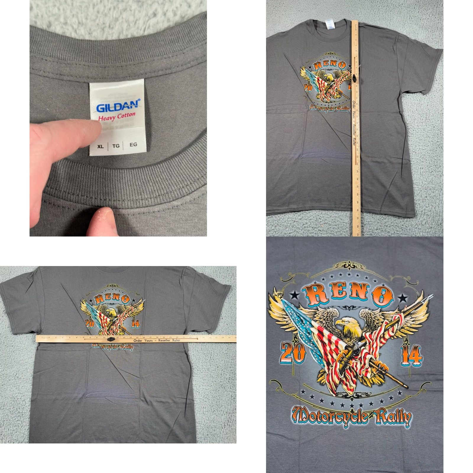 Gildan Mens XL Gray T Shirt Double Side Graphic Eagle Reno Motorcycle Rally 2014 Y2K Size US XL / EU 56 / 4 - 8 Thumbnail