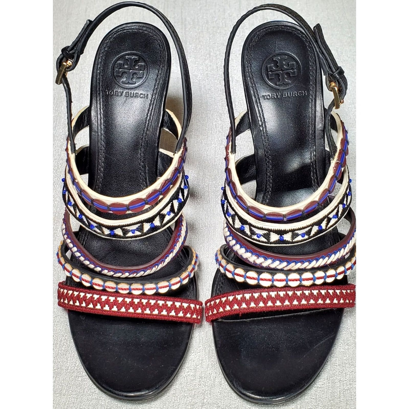 Tory Burch Tory Burch Strappy Womens Red White Blue Black Multi Mixed Trims Leather 100mm Wedge Sandals Women Size US 8 / IT 38 - 7 Thumbnail