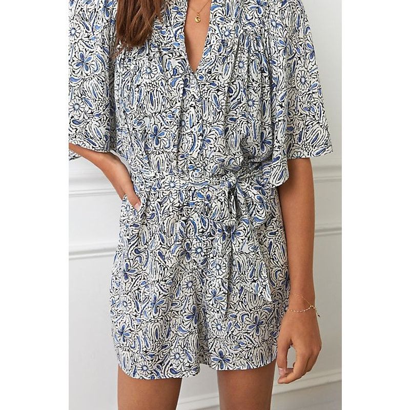 Anthropologie New Breezy Lounge Romper $98 X-SMALL Blue Floral Motif Size 26" / US 2 / IT 38 - 2 Thumbnail