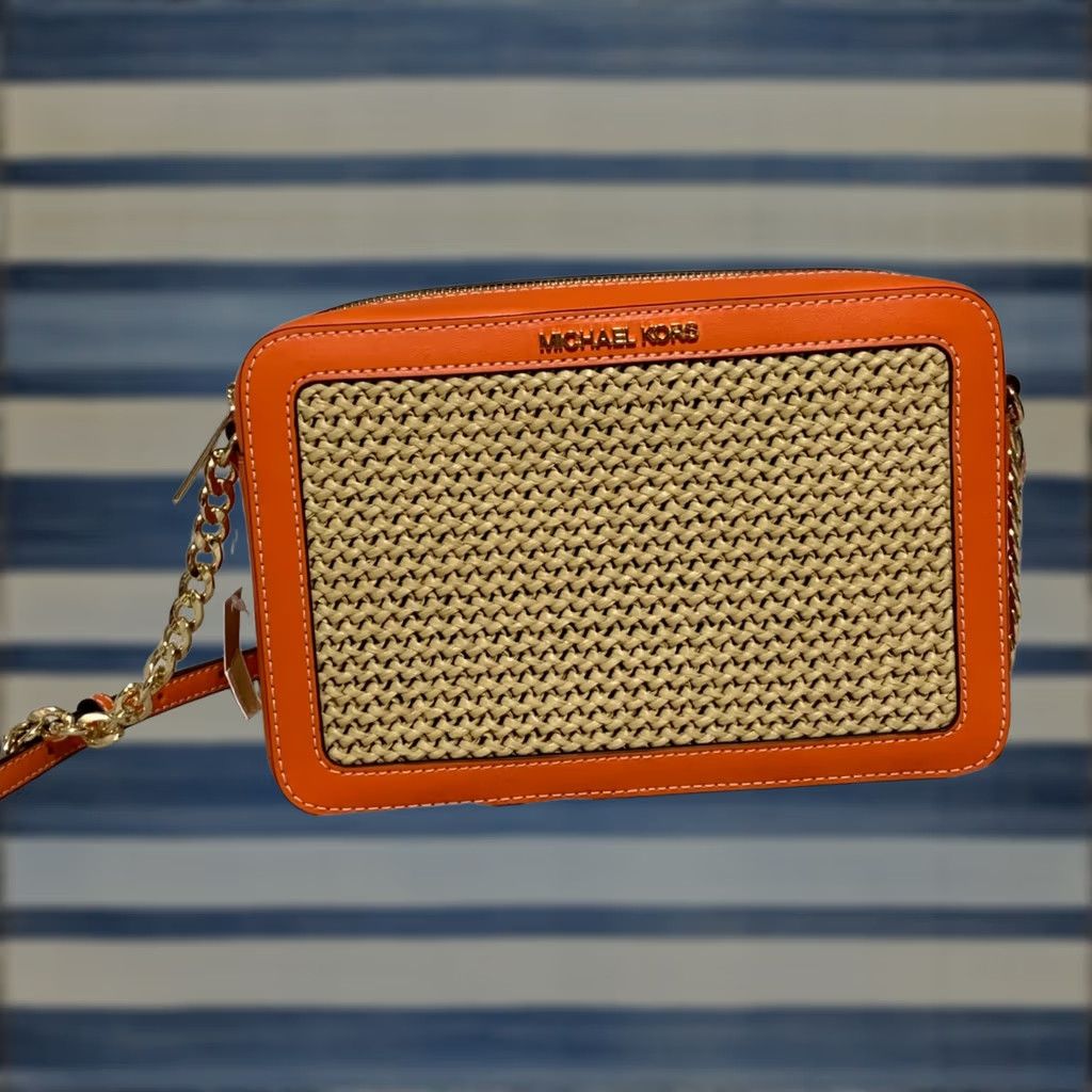 Michael Kors Michael Kors JET SET Crossbody Handbag Poppy Orange Woven Leather Purse Women Size ONE SIZE - 1 Thumbnail