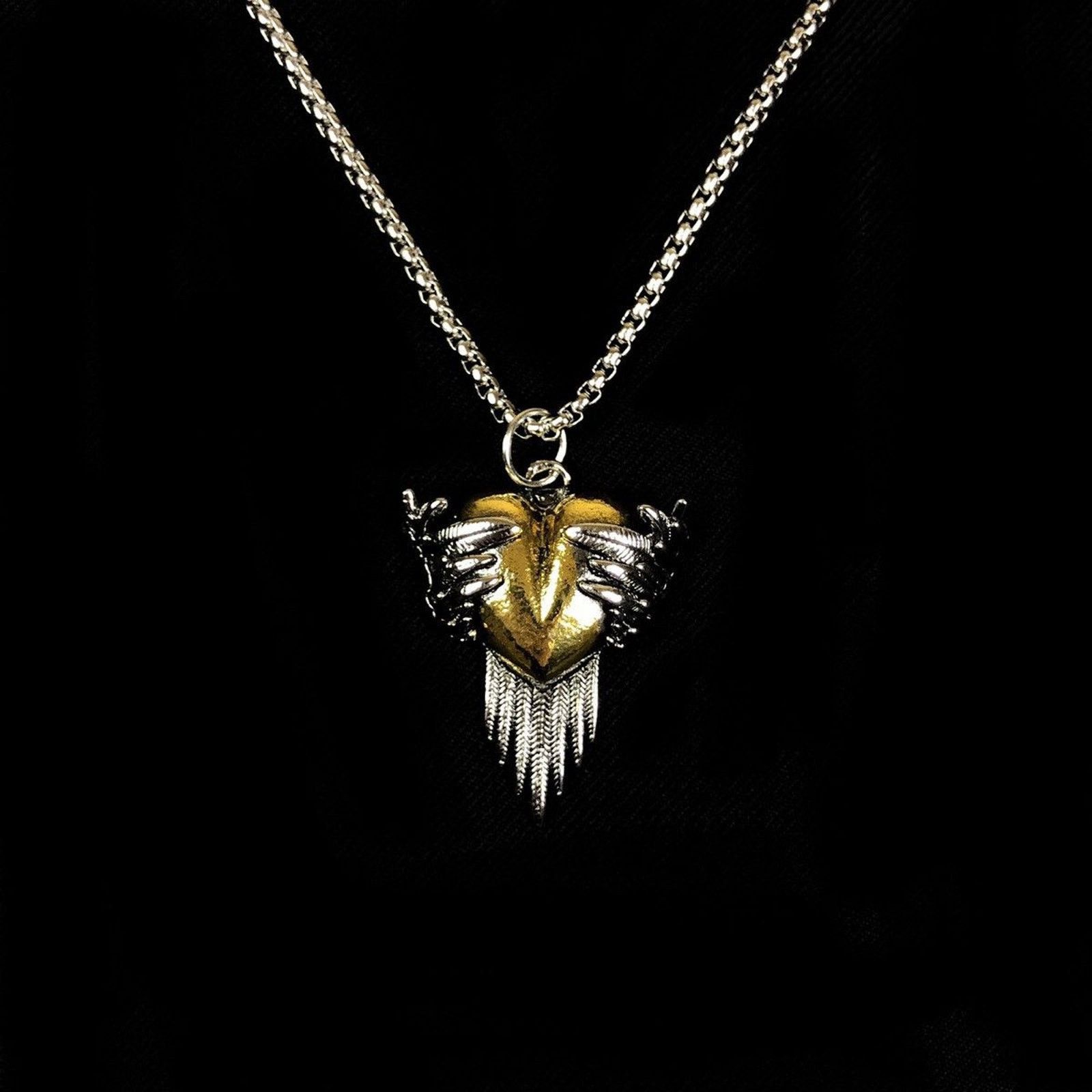 Jewelry Gold Heart Wings Necklace Punk Chain in Silver, Men's