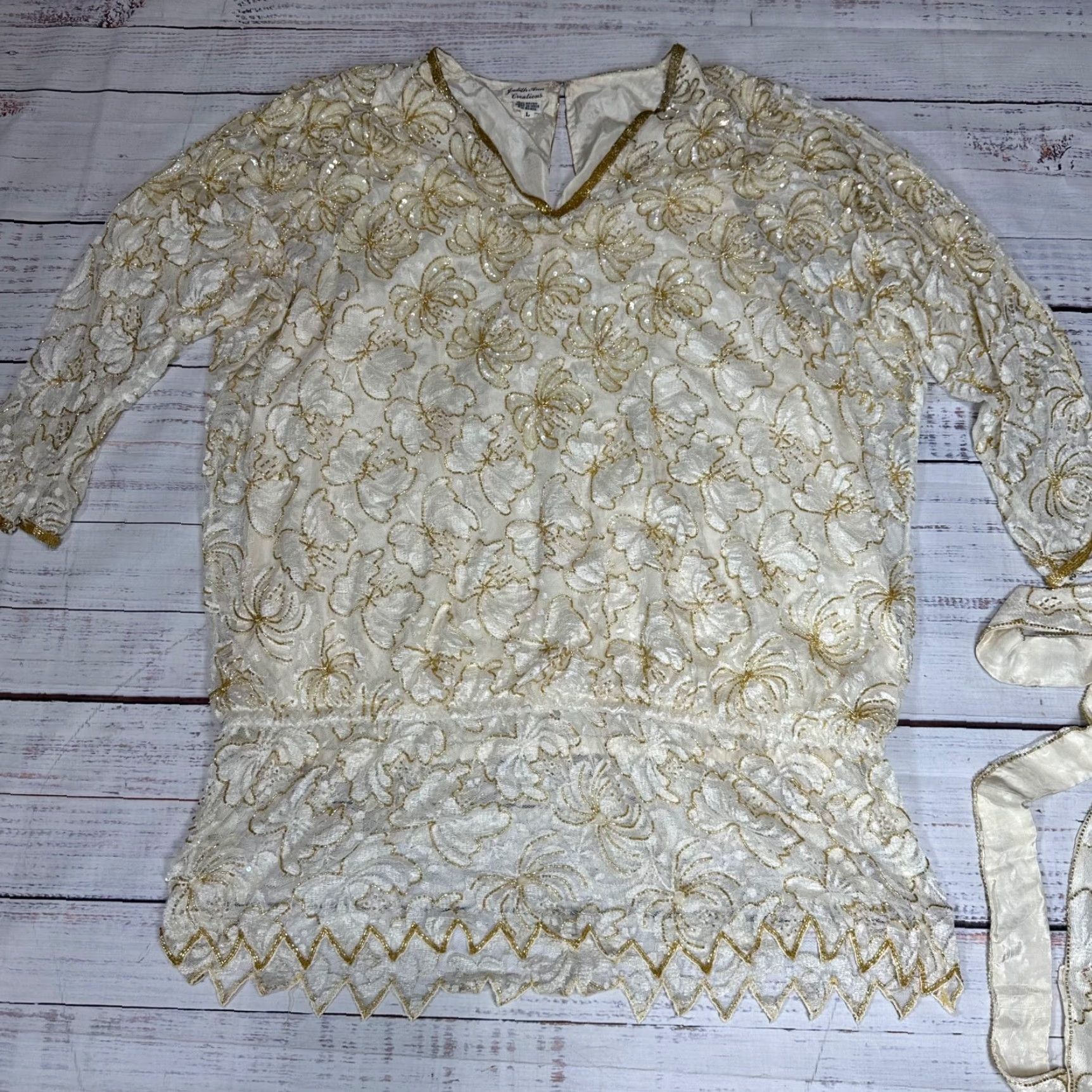 Vintage VINTAGE Judith Ann Creations Outfit/Set 2 Piece Skirt/Top L Beige Beaded Lined Womens Set Size 36" / US 14 / IT 50 - 4 Thumbnail