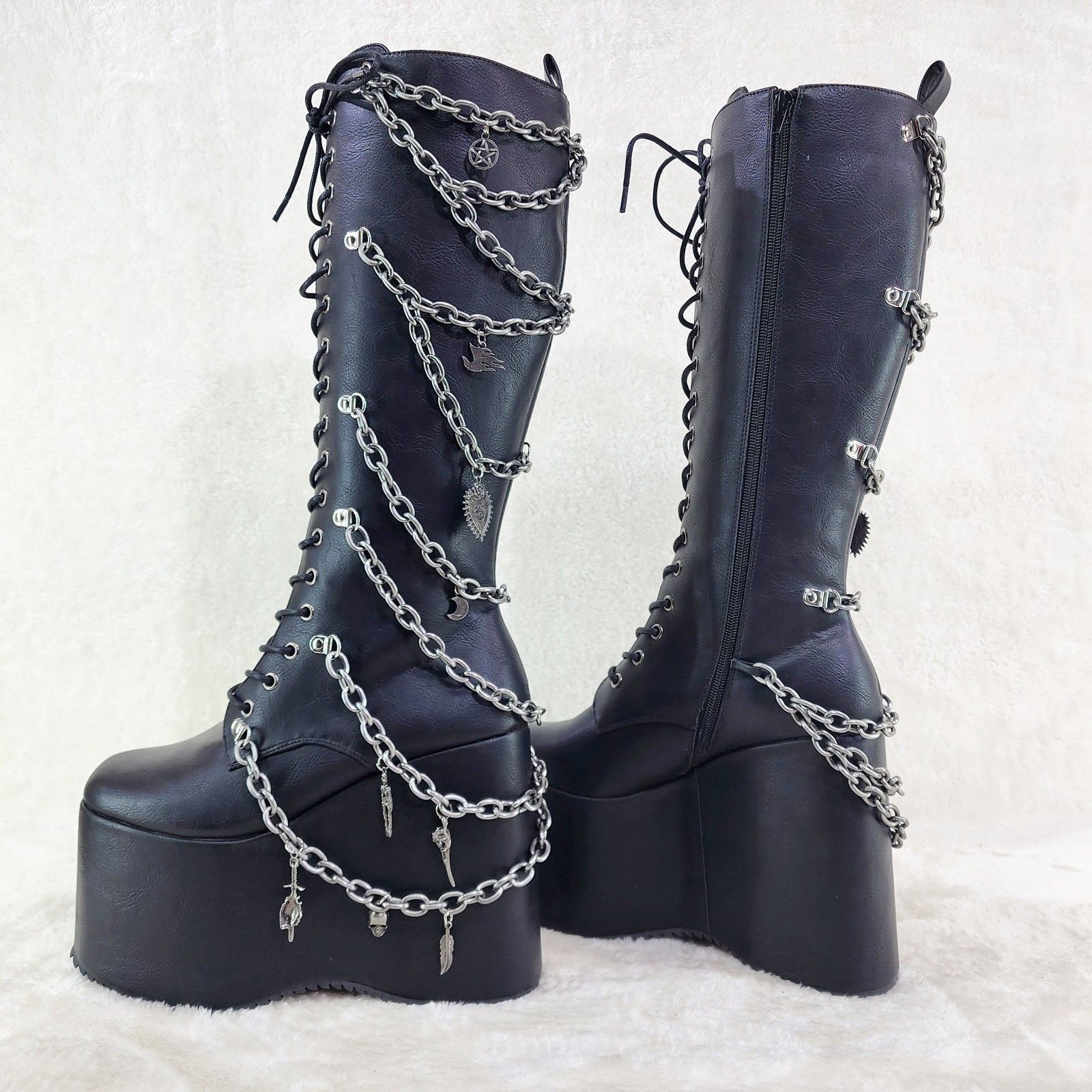 Other Black Goth Knee Boot 6 " Wedge Platform Chains Charms Size US 11 / IT 41 - 5 Thumbnail