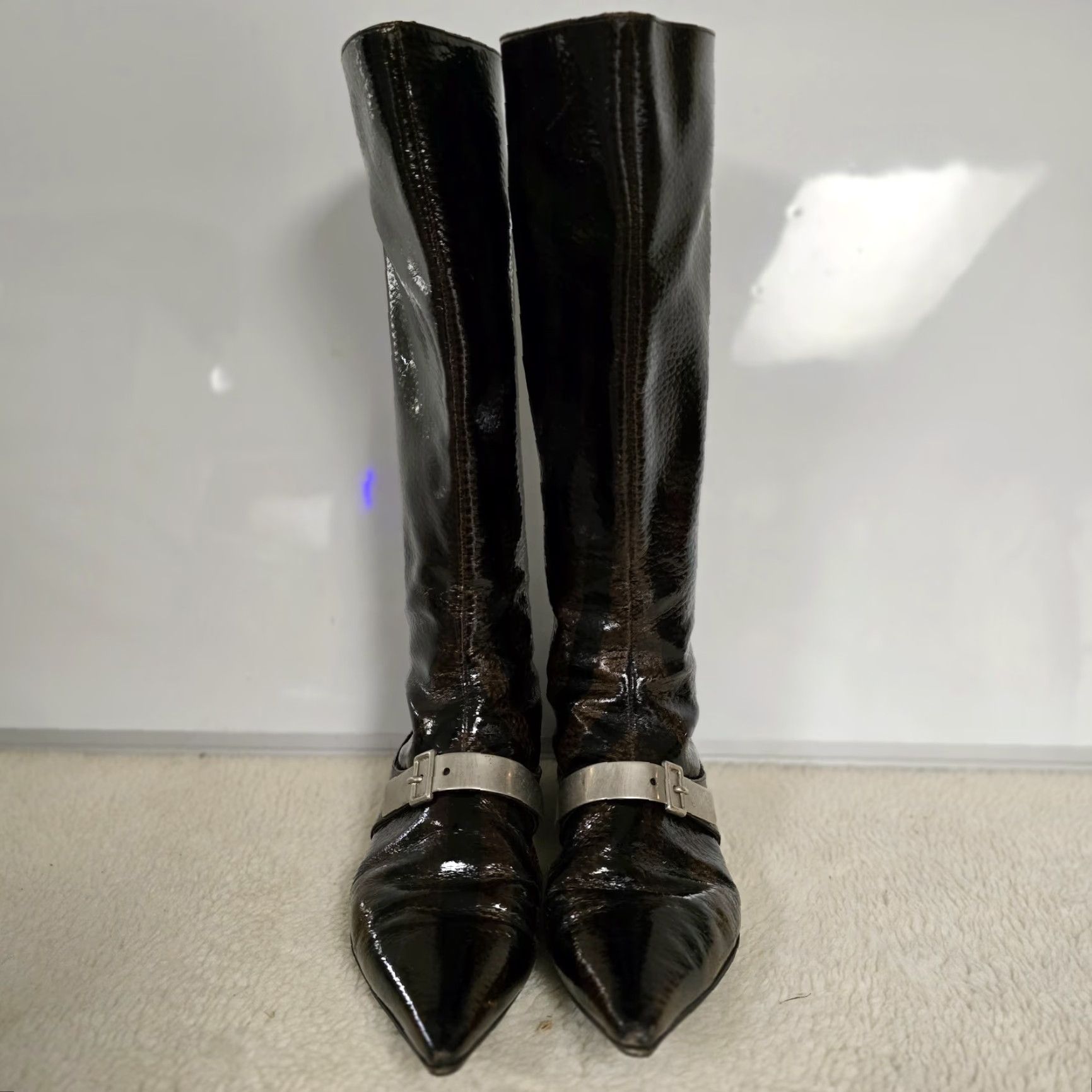 Emporio Armani VINTAGE Emporio Armani Striped Patent Leather Knee High Boots Silver Strap Black 37.5 US 8 Womens Italy Leather Size US 8 / IT 38 - 3 Thumbnail