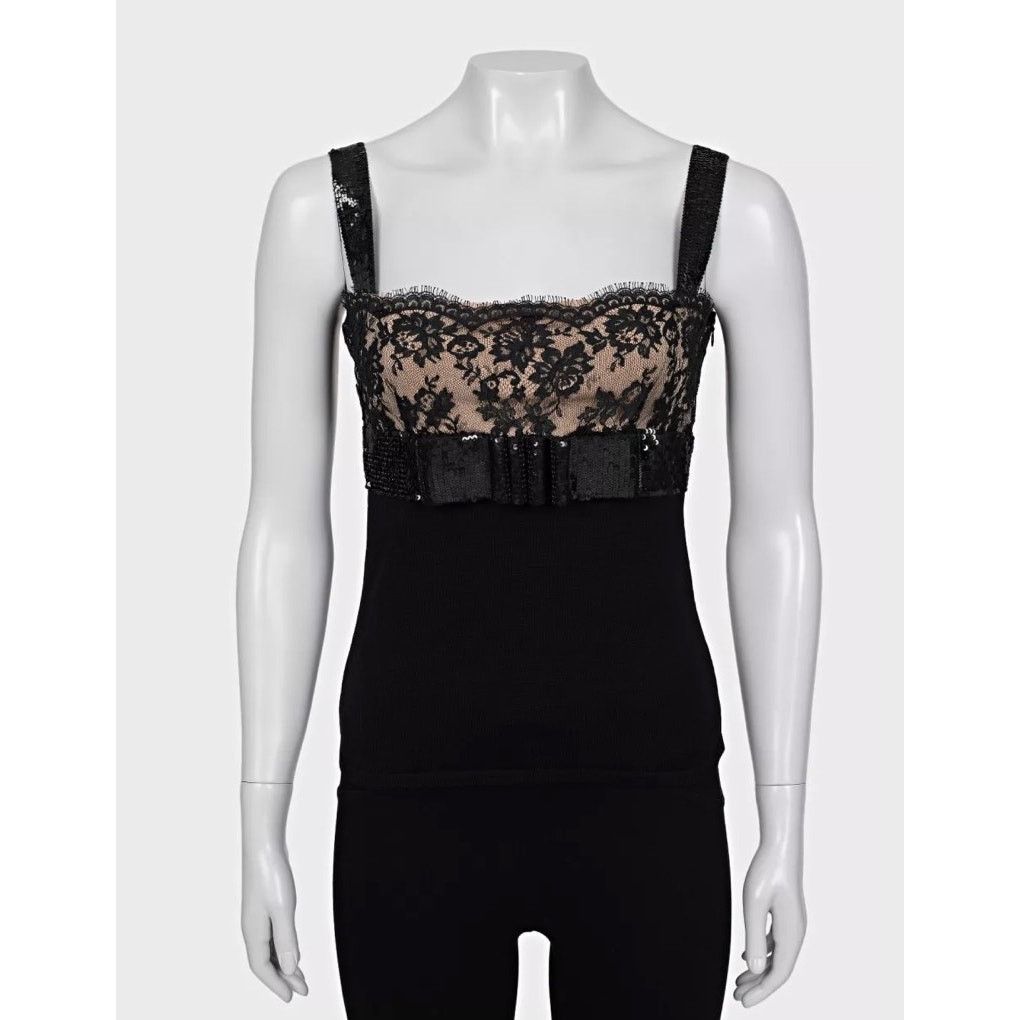 Valentino Valentino Black Wool Sequin & Lace Top Size S Size S / US 4 / IT 40 - 1 Thumbnail