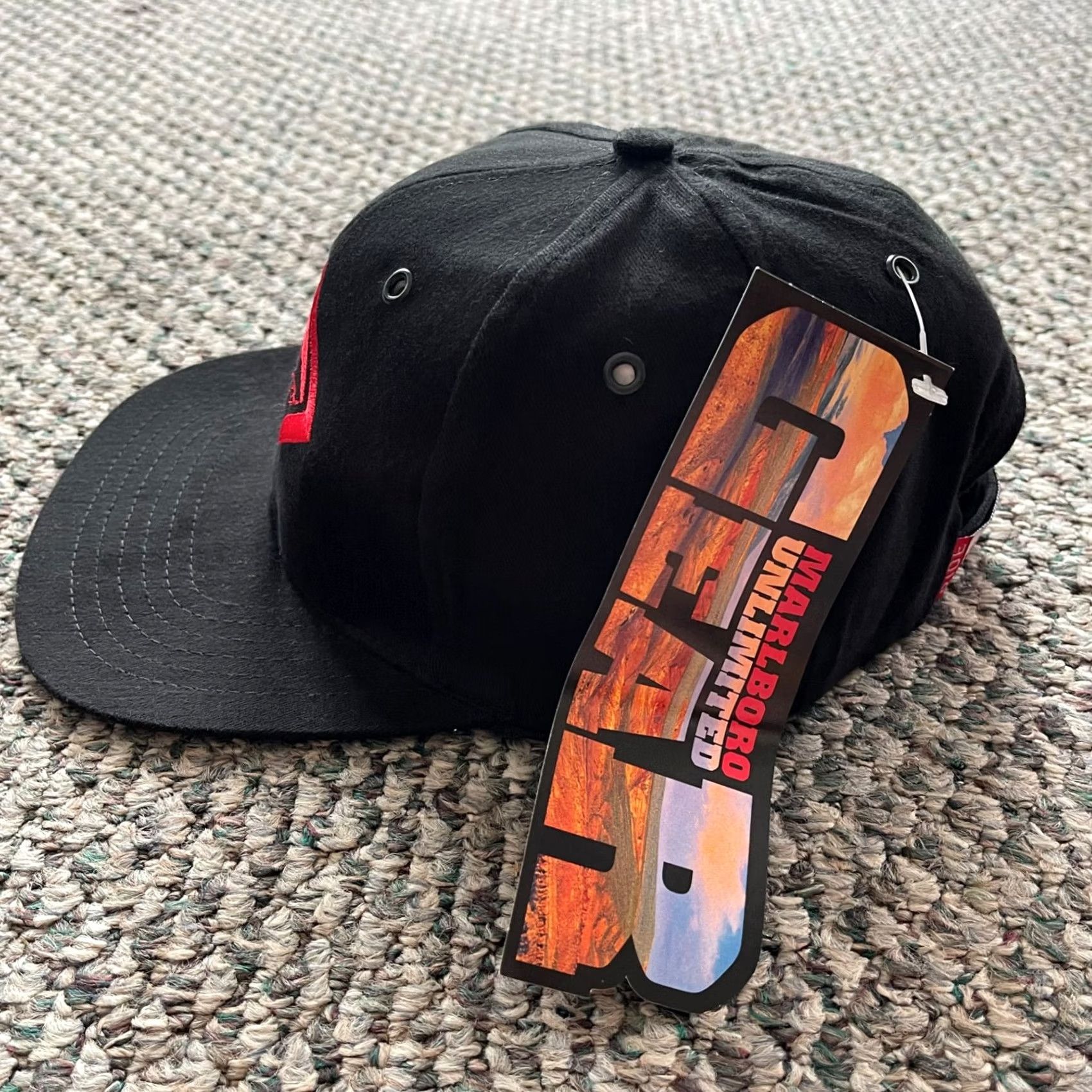 Marlboro VINTAGE Marlboro Hat Black Tobacco Cigarette Railroad Strapback Cap NWT Adjustable Snapback Unisex Adults 80s 90s Size ONE SIZE - 4 Thumbnail