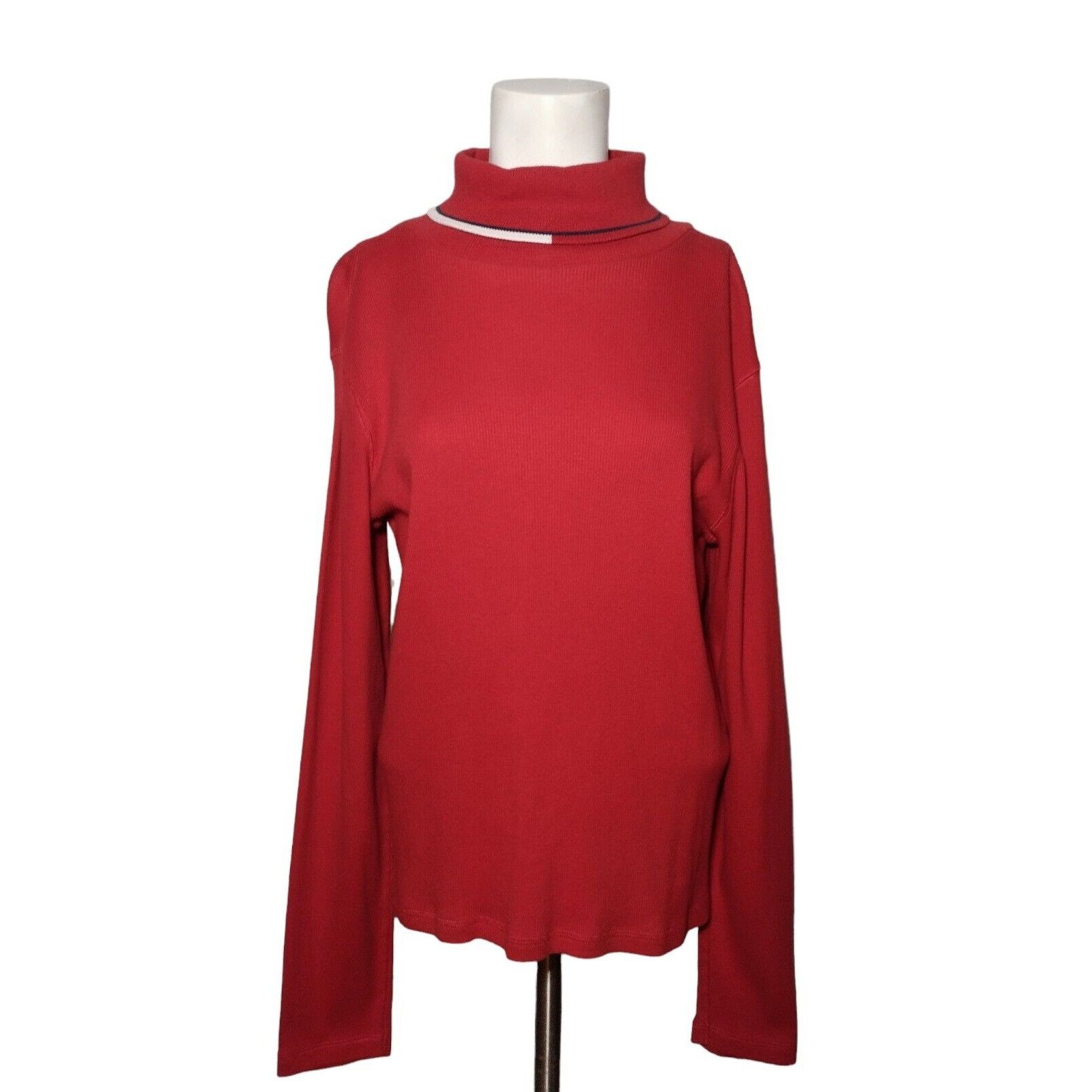 image of Y2K Tommy Hilfiger Womens Ribbed Turtleneck Size XL Red Flag