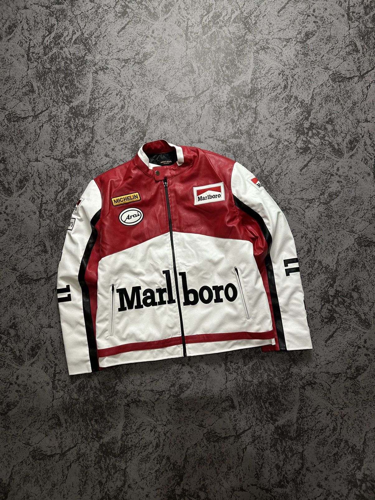 image of Ferrari x Marlboro Vintage Leather Jacket Marlboro Big Logo White Red, Men's (Size Large)