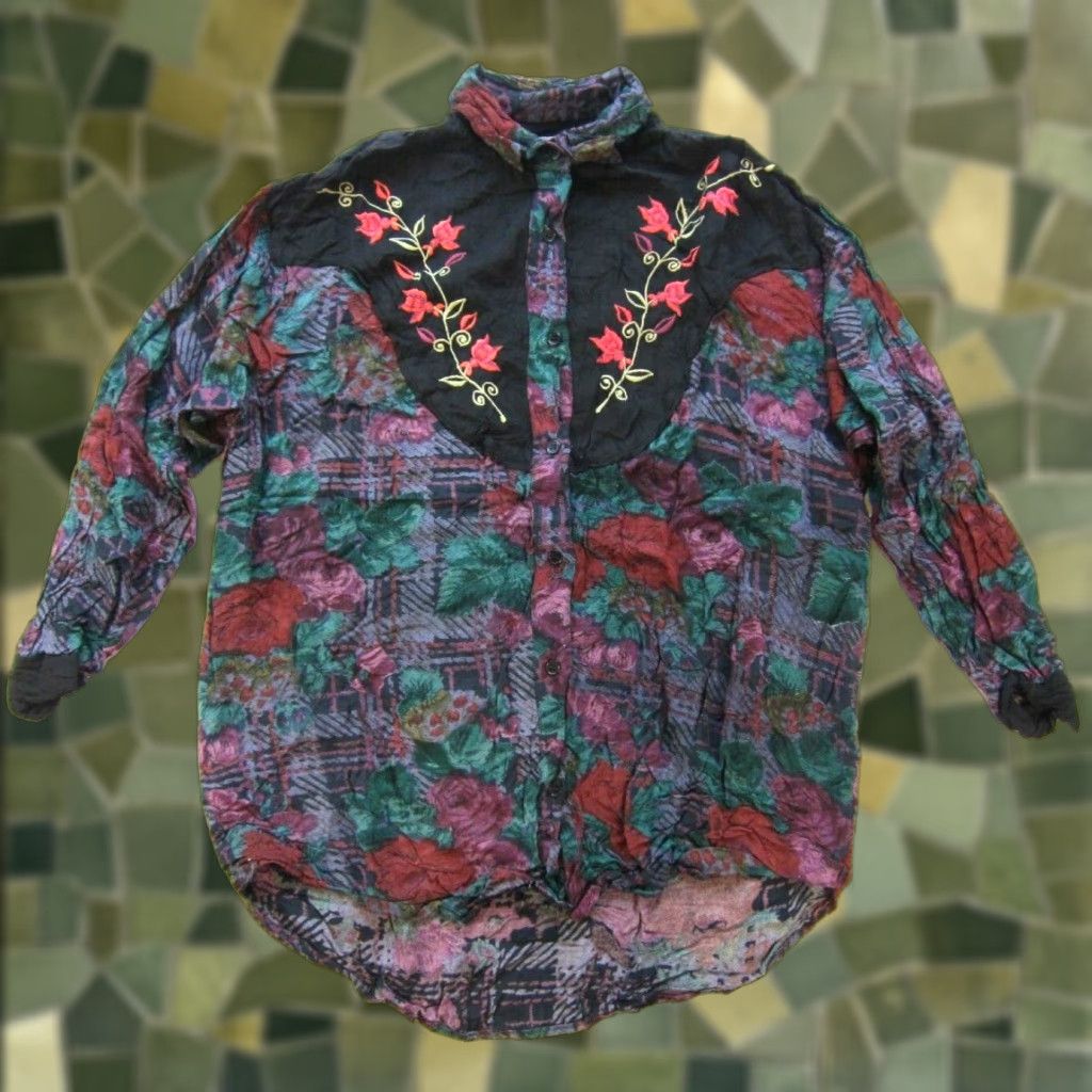 SOREL Vtg Sorrel International Floral Plaid Rayon Collar Button Up Blouse Woman Large Size L / US 10 / IT 46 - 1 Thumbnail
