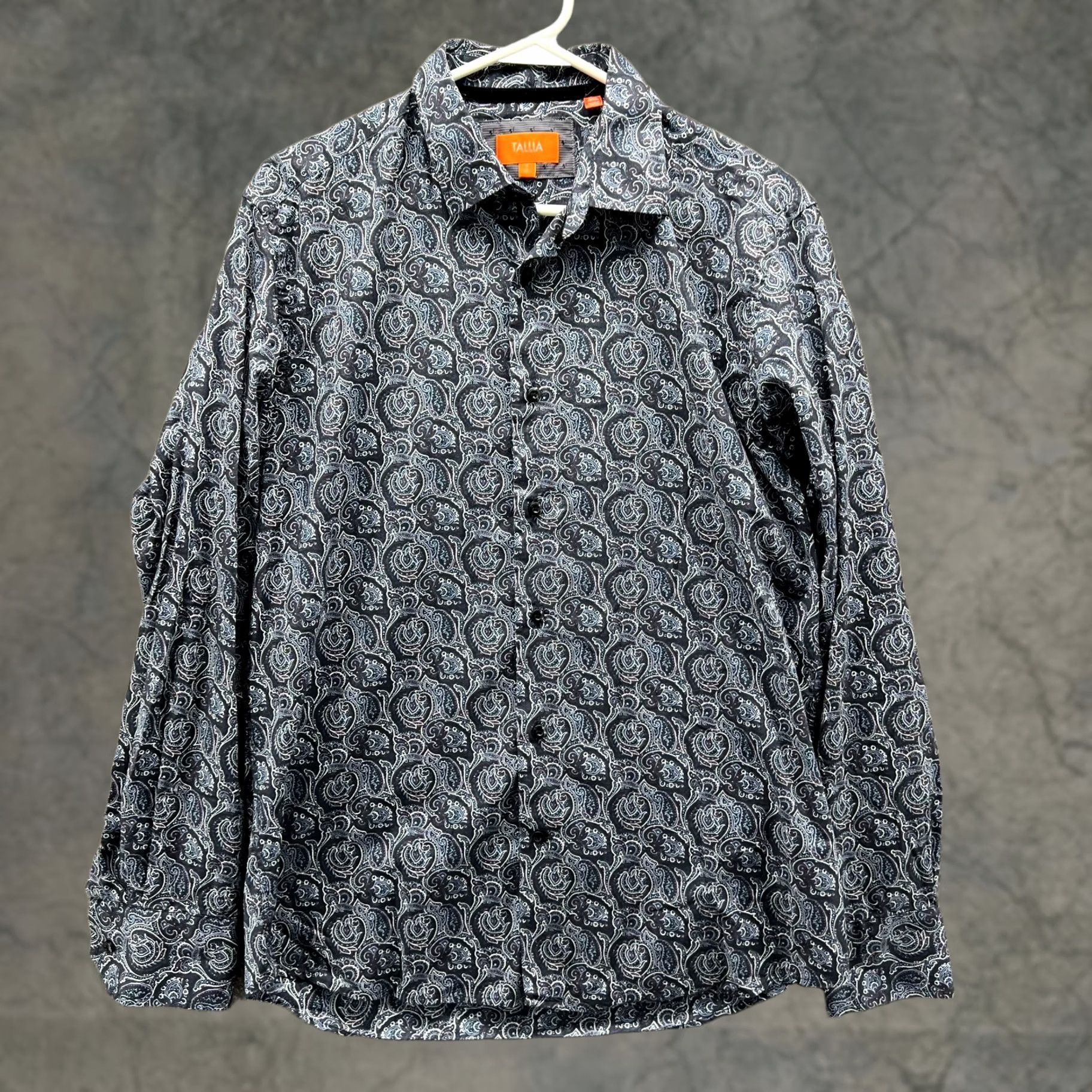 Tallia Tallia Dress Shirt Mens M Black Blue Button-Down Paisley AOP Preppy Shirt Mens Regular Fit 42in Chest Size 40R - 1 Thumbnail