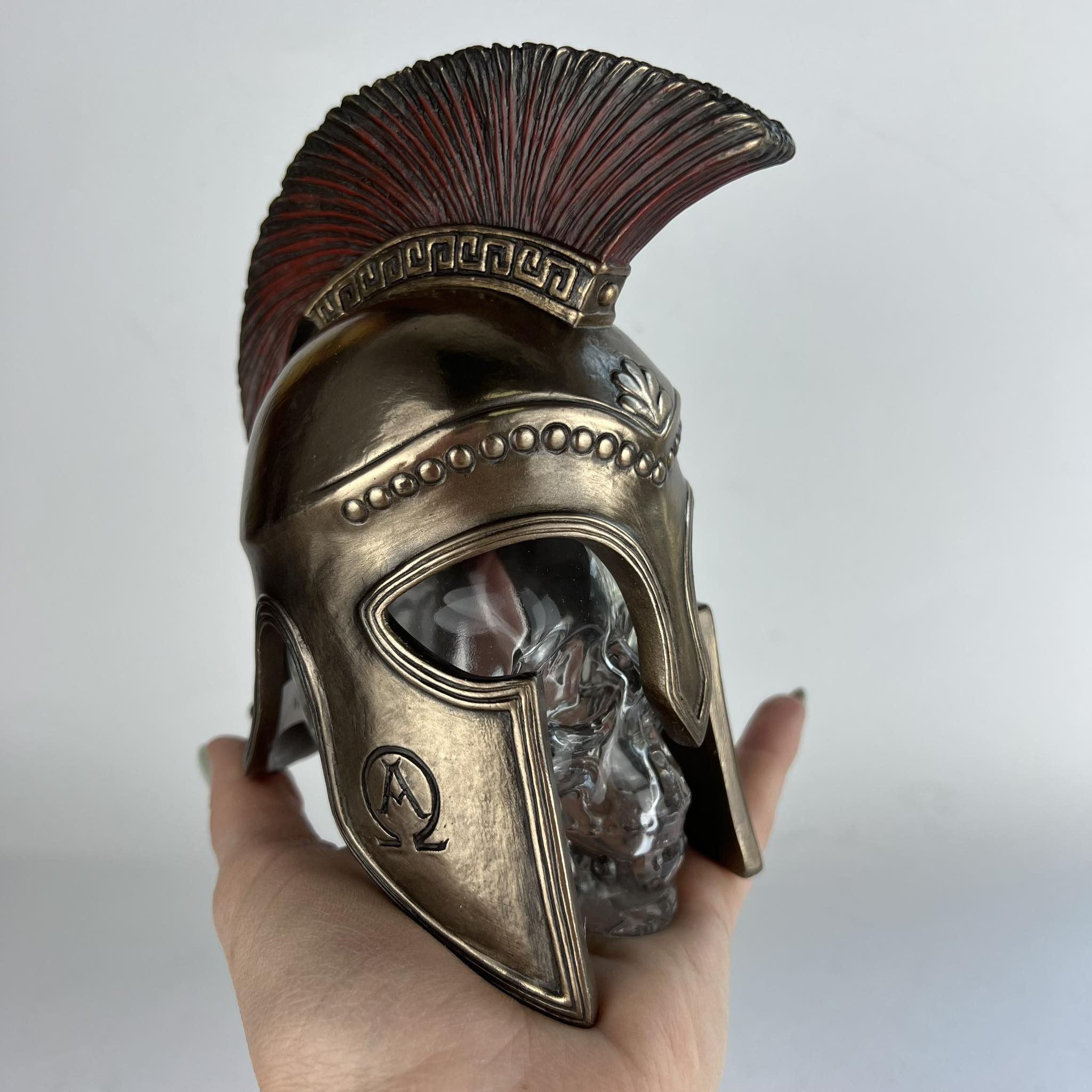 Vintage Spartan Helmet on Glass Skull Statue Figure Polystone Bronze Size ONE SIZE - 1 Thumbnail
