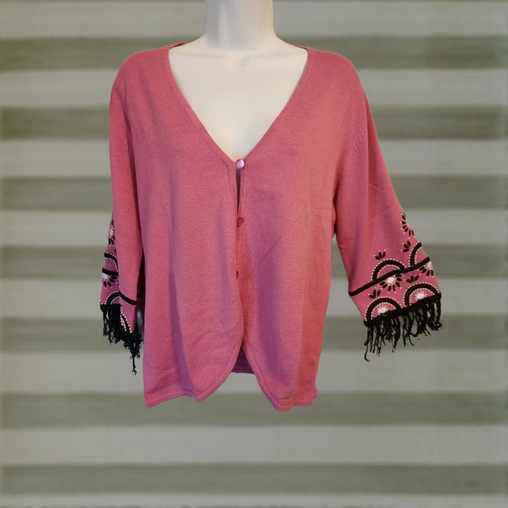 Bob Mackie Bob Mackie Wearable Art Cardigan XS Pink Black Fringe Pearls Buttons 3/4 Sleeve V-Neck Sweater Women Cardigan Casual Vintage No Size XS / US 0-2 / IT 36-38 - 1 Thumbnail