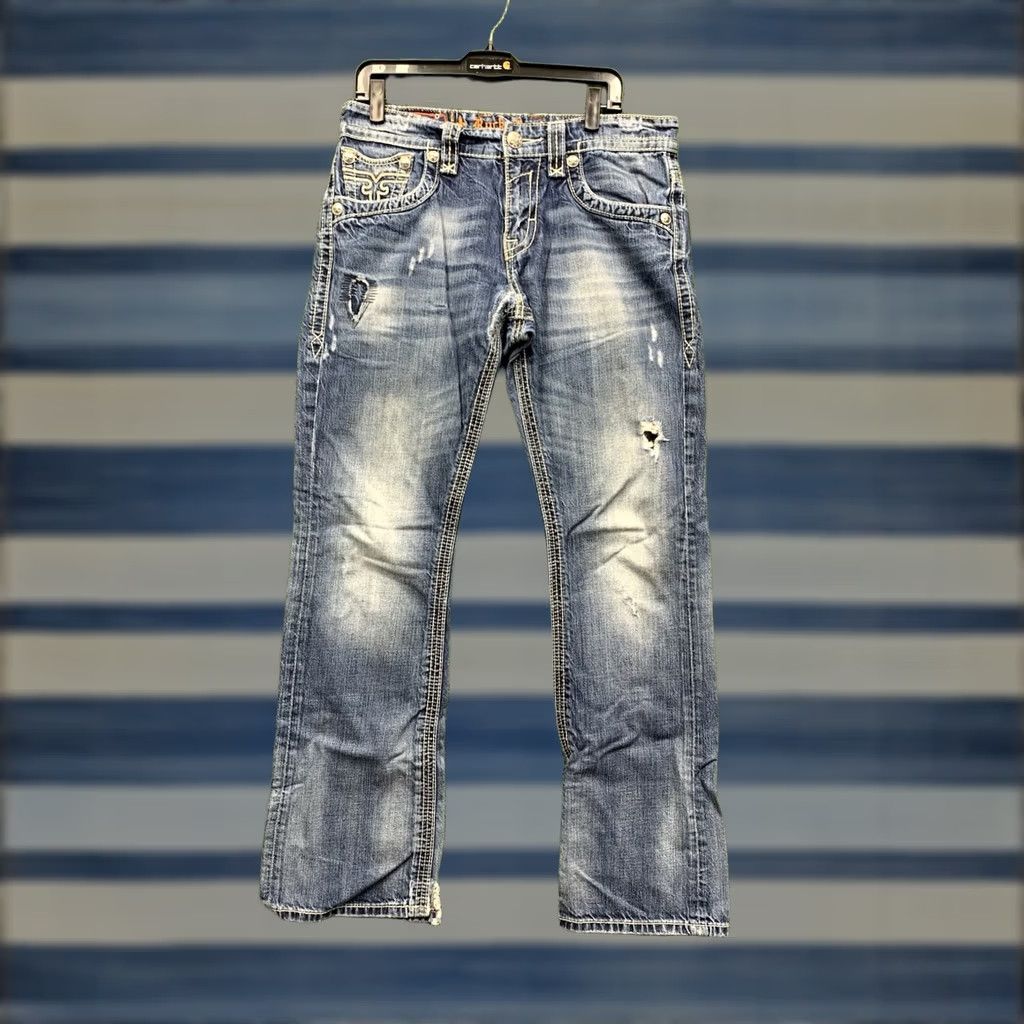 Vintage Rock Revival Jeans Men 33 Bootcut Medium Wash Distressed 5-Pocket Denim Blue Rock Grunge Biker 2000s Mens Size US 33 - 1 Thumbnail