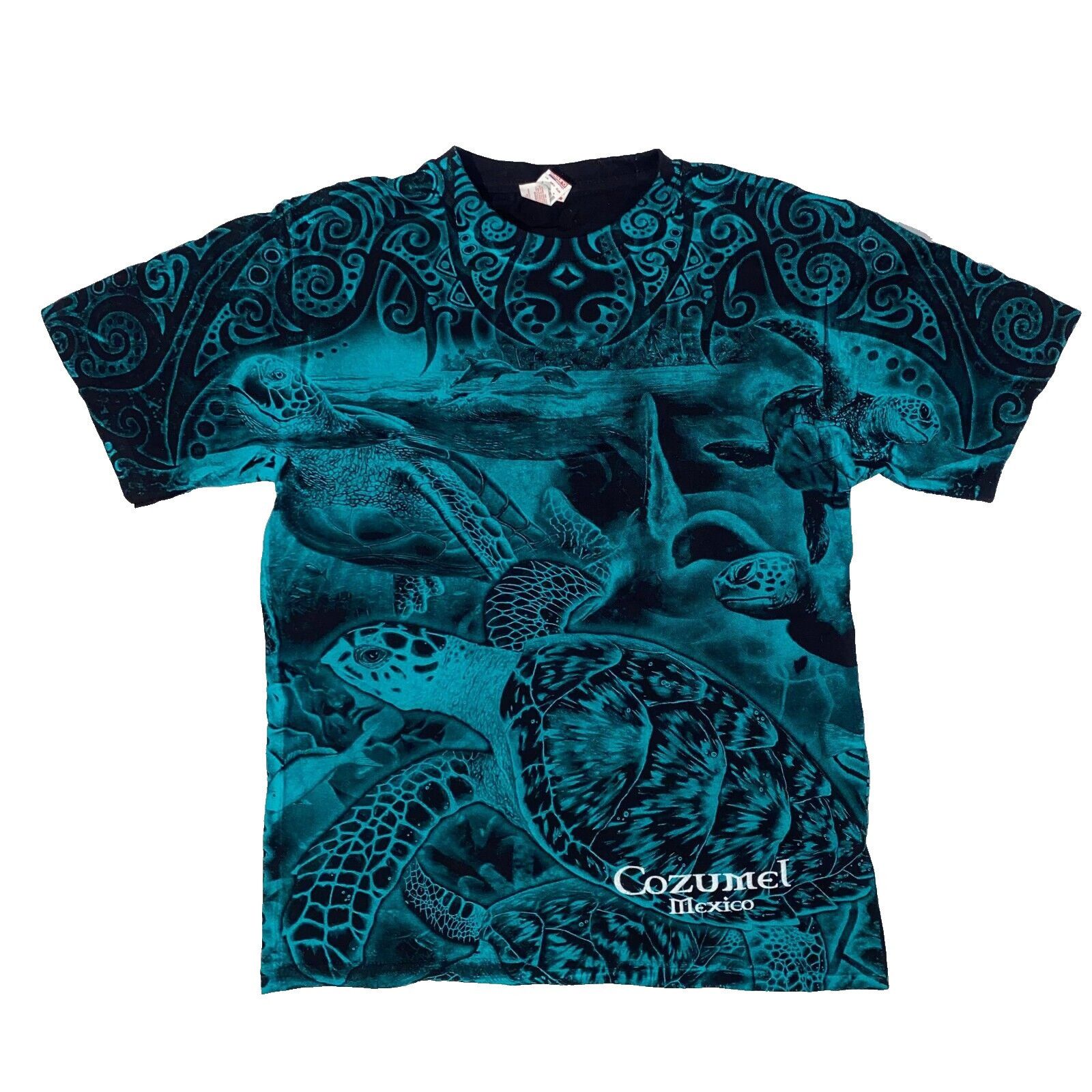 Gildan Vintage Y2K Cozumel Mexico Sea Turtles All Over Print Teal B Size US S / EU 44-46 / 1 - 1 Thumbnail