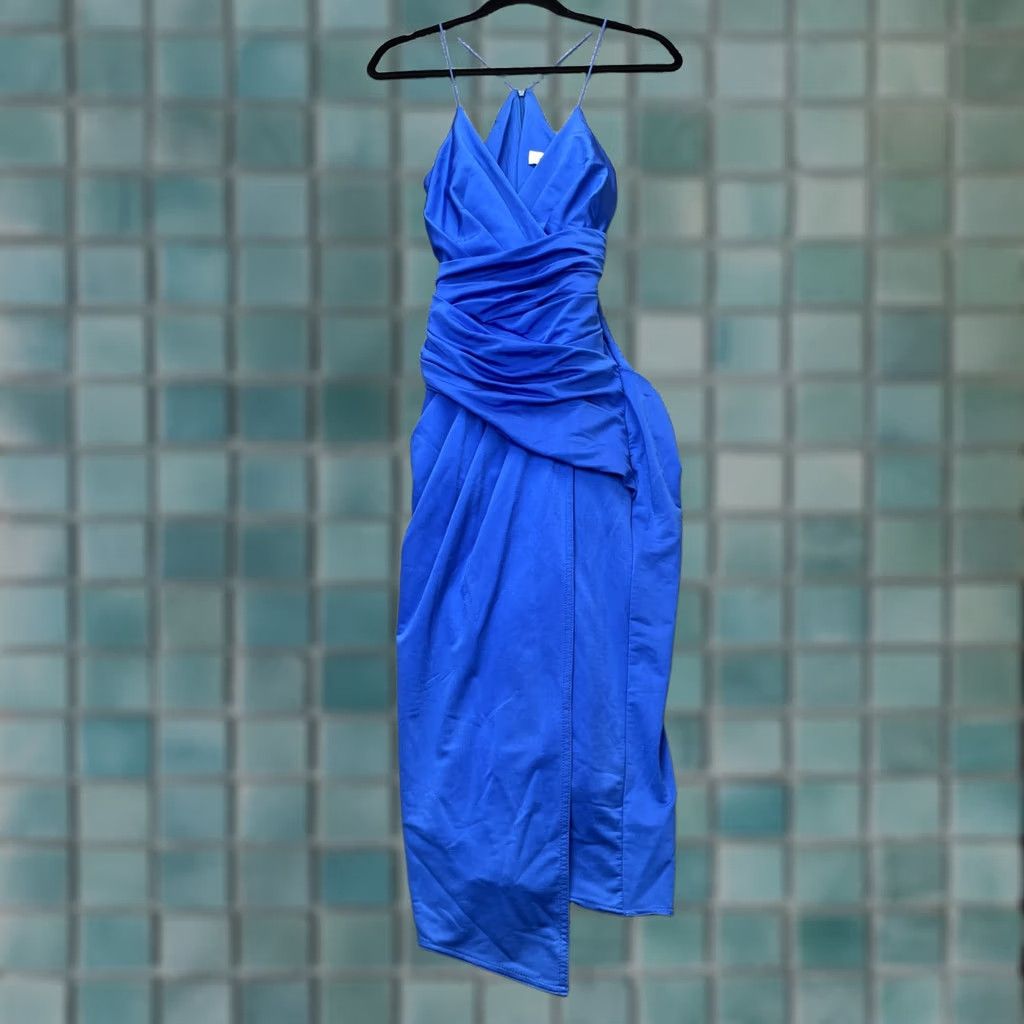 Vintage SHEIKE Dress Womens 10 Blue Bodycon Stretch Spaghetti Strap Surplice Neck Lined Size L / US 10 / IT 46 - 1 Thumbnail