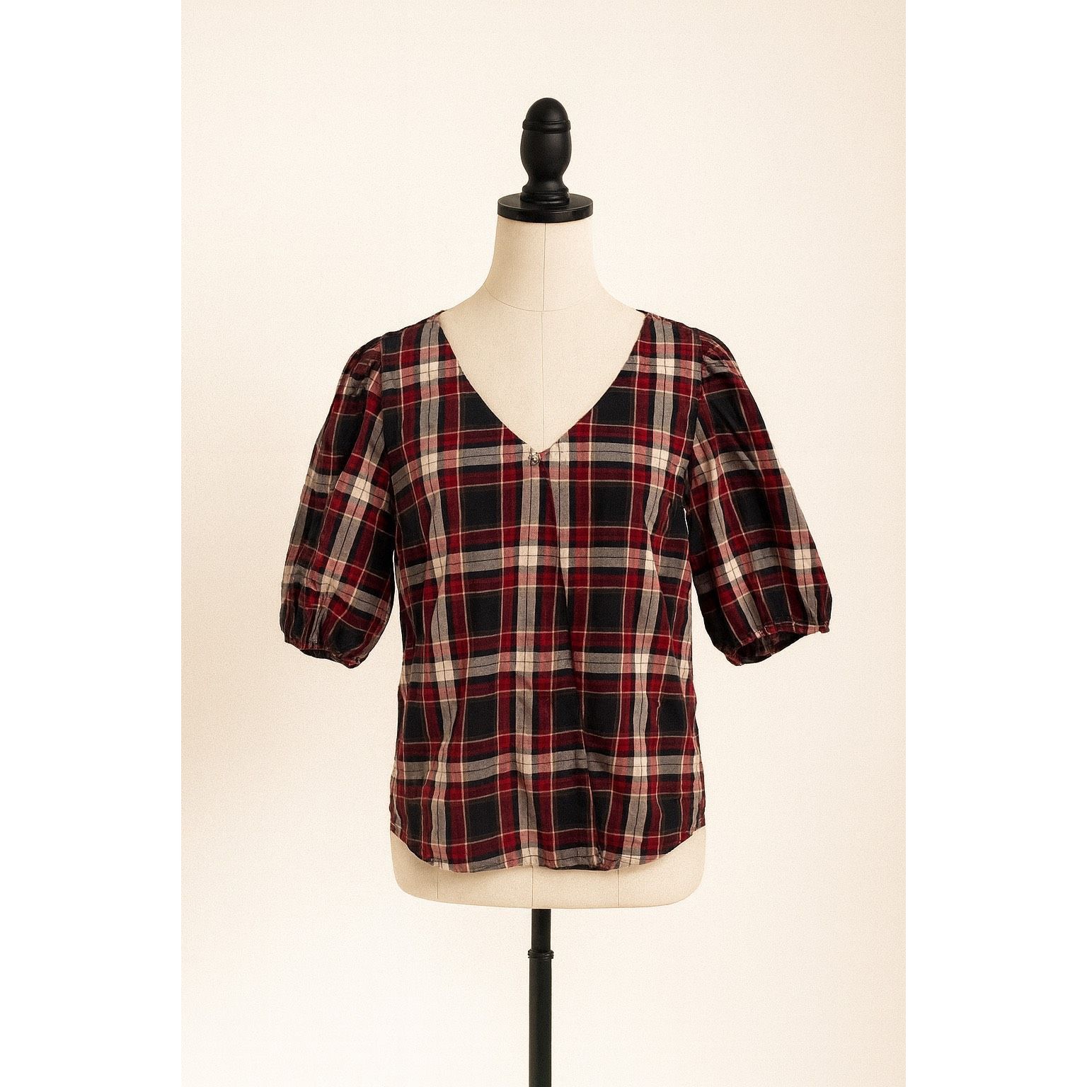 Loft LOFT Petite XSP Plaid Bubble-Sleeve Blouse – Red Black White Size XS / US 0-2 / IT 36-38 - 1 Thumbnail