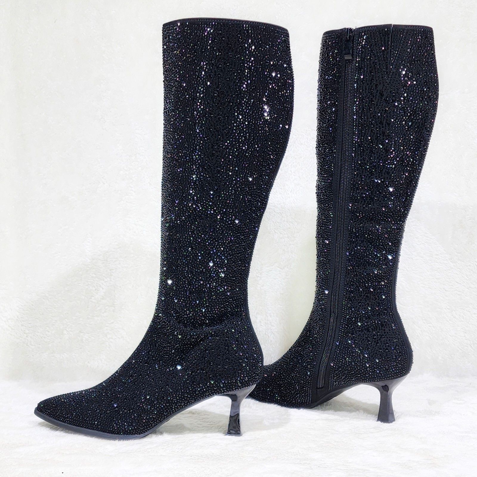 Other Black Rhinestone Knee Boots 2.5" Heels Wide Calf Friendly Size US 8.5 / IT 38.5 - 2 Thumbnail