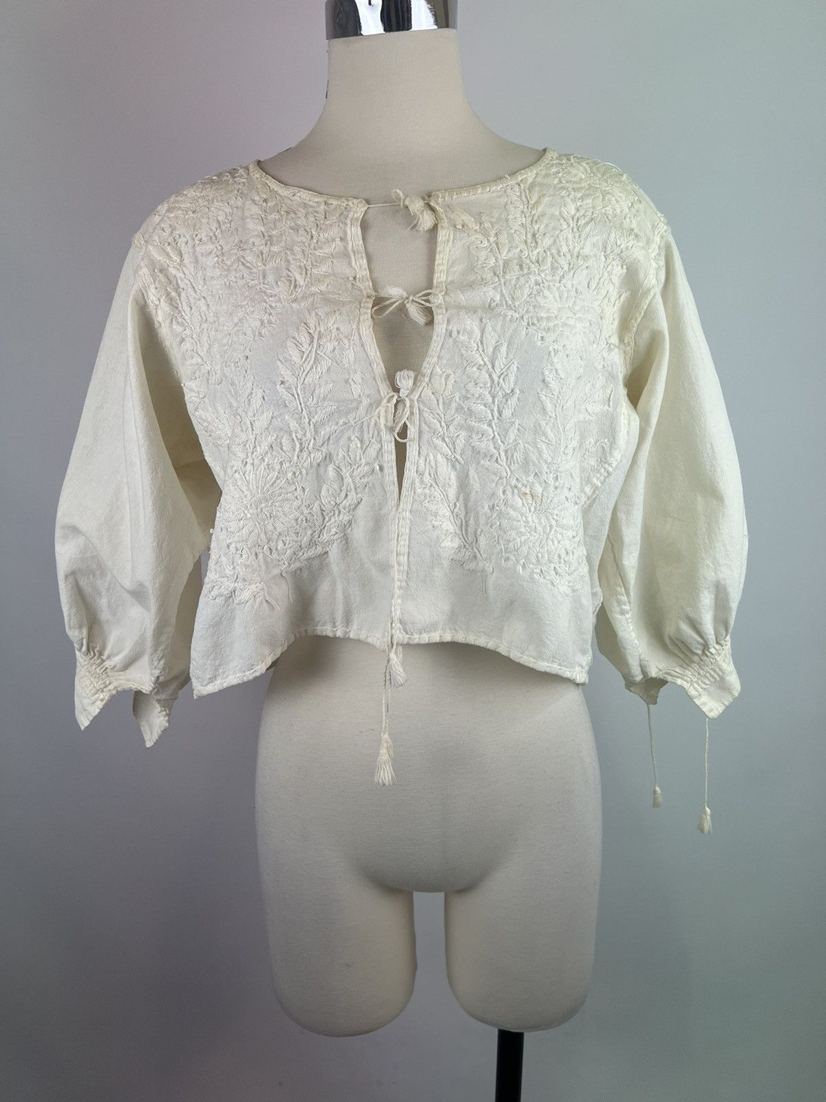 image of Vintage White Ecru Embroidered Tie 3/4 Ballon Sleeve Top, Women's