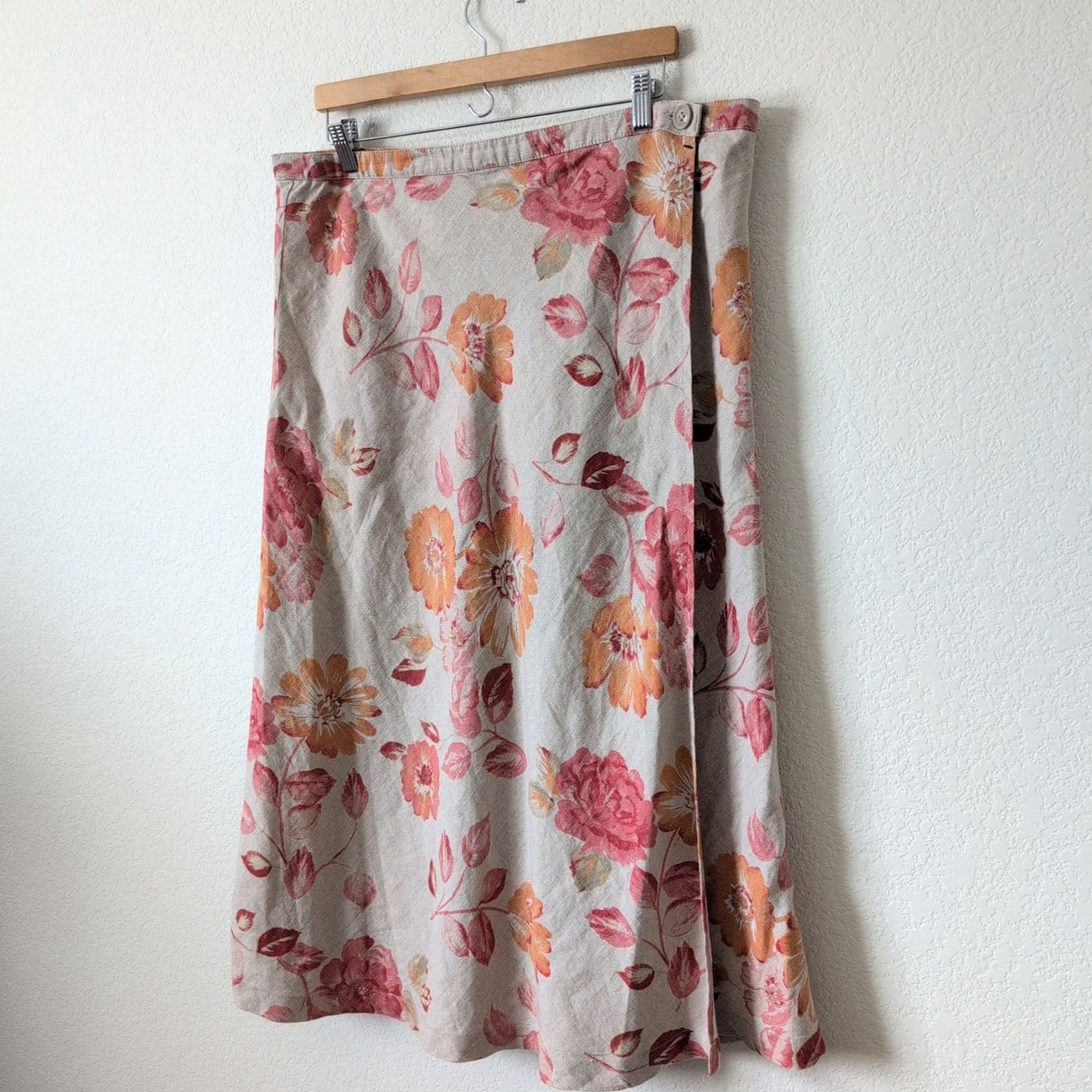Eddie Bauer VINTAGE Eddie Bauer Skirt Wrap Midi Womens 16 Tan Floral 90s Linen Beige Pink Size 38" / US 16 / IT 52 - 5 Thumbnail