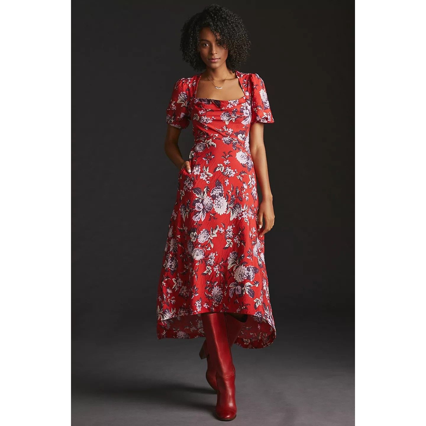 anthropologie asymmetrical floral midi dress Floral Print Bodycon Midi Dress – Spaghetti Strap Midi with Slit