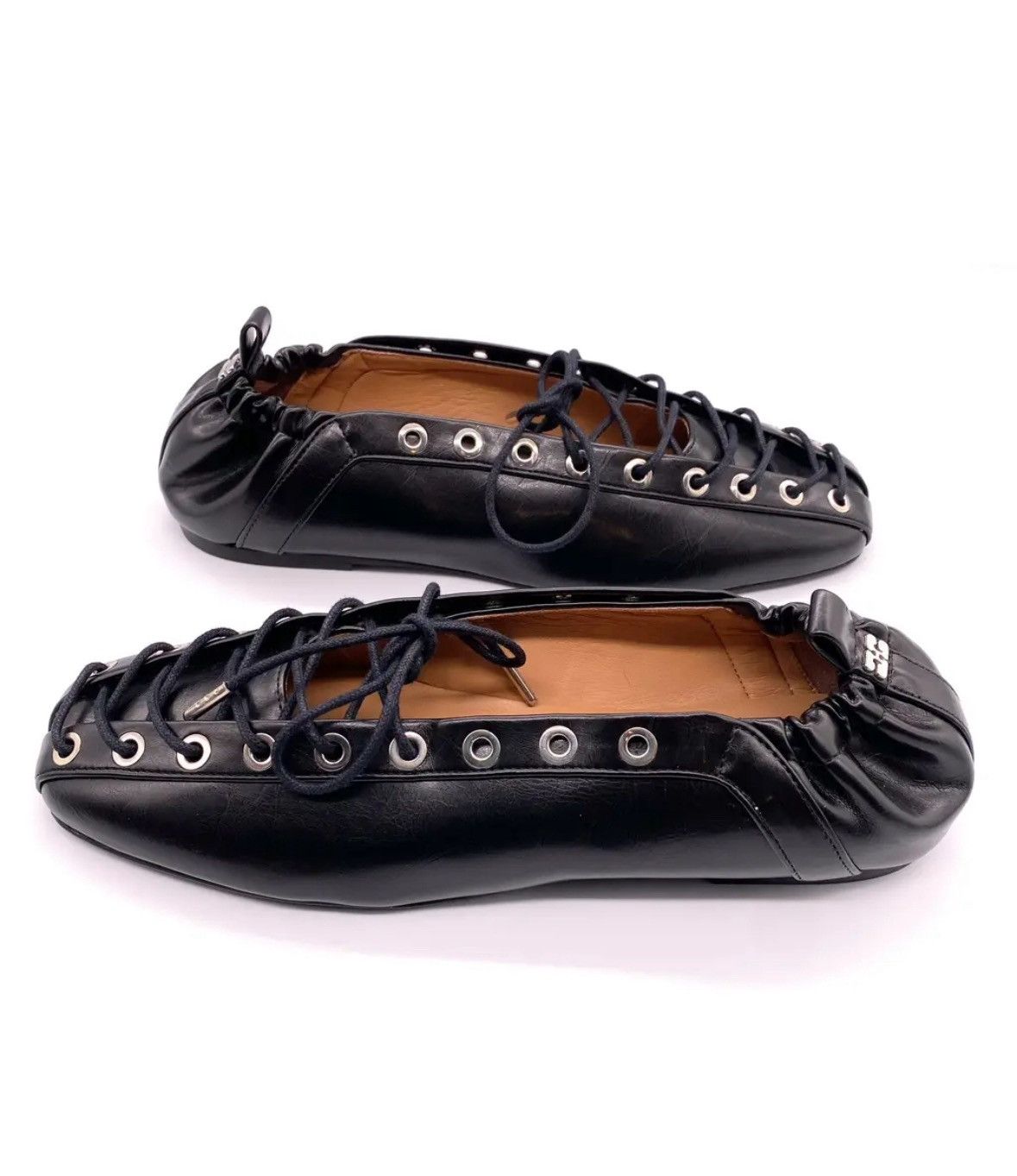 Ganni GANNI Black Leather Lace-Up Ballet Flats with Silver Eyelets Size US 9 / IT 39 - 4 Thumbnail