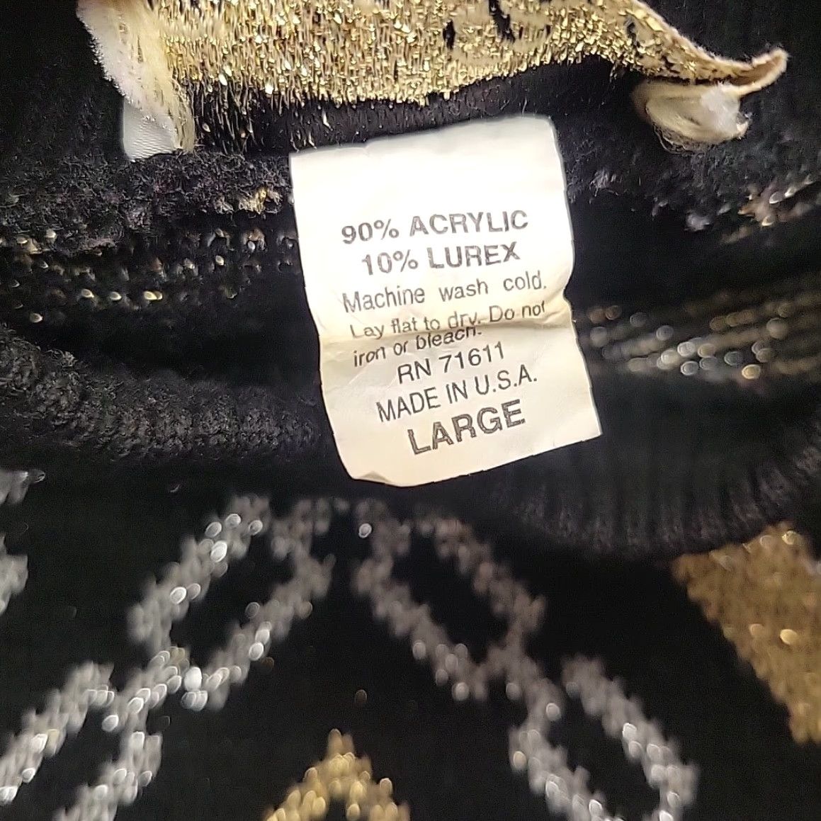 Vintage VTG Dana Scott Sweater Womens Large Black Gold Lurex Knit 80s Glam Made in USA Sleeved Long Geometric Pattern Knit Pullover Casual Shirts Womens Size L / US 10 / IT 46 - 5 Thumbnail