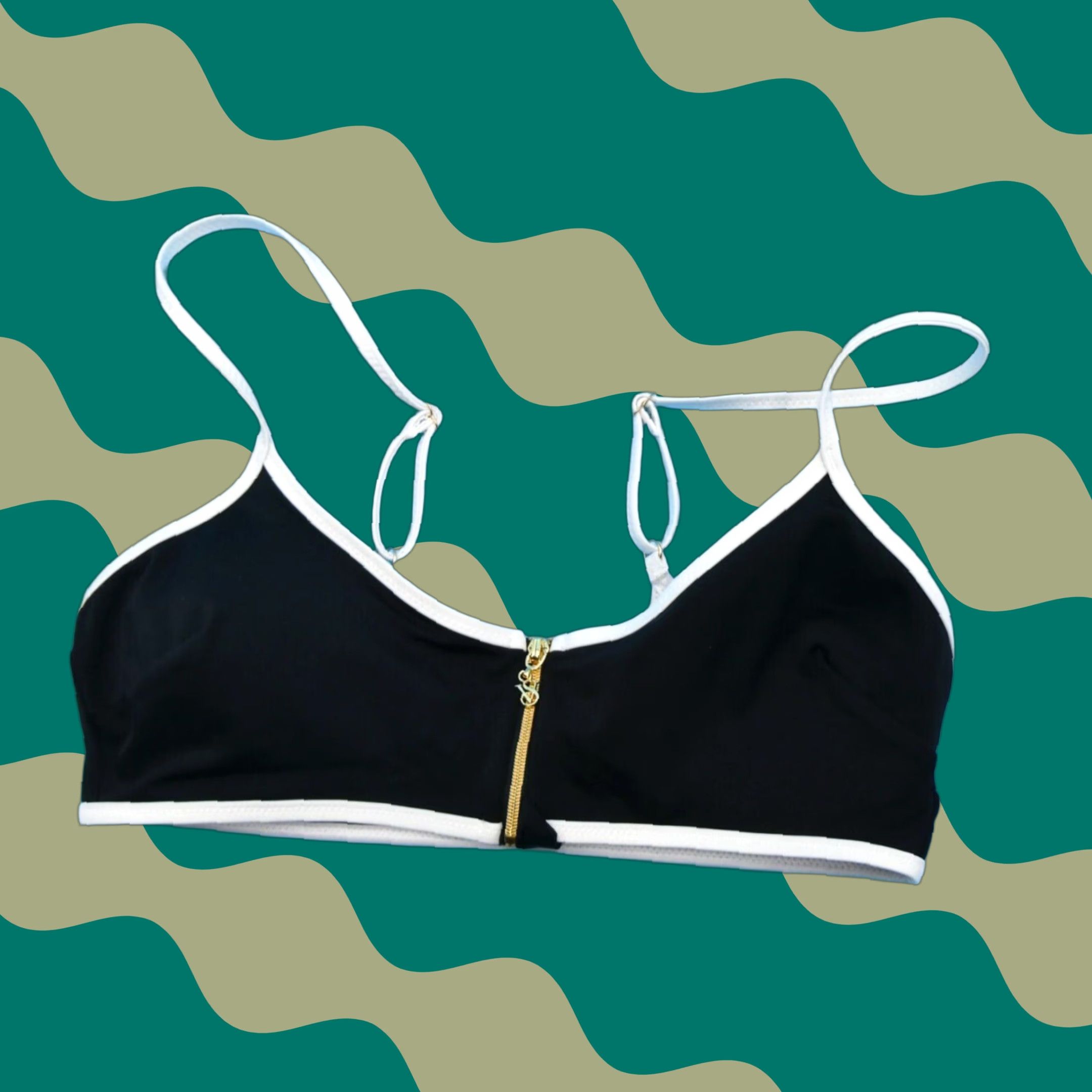 VICTORIA'S SECRET Bikini Top Swimsuit S Small Black White Lined Zipper Padded Swimwear Top Women Beach Quick Dry