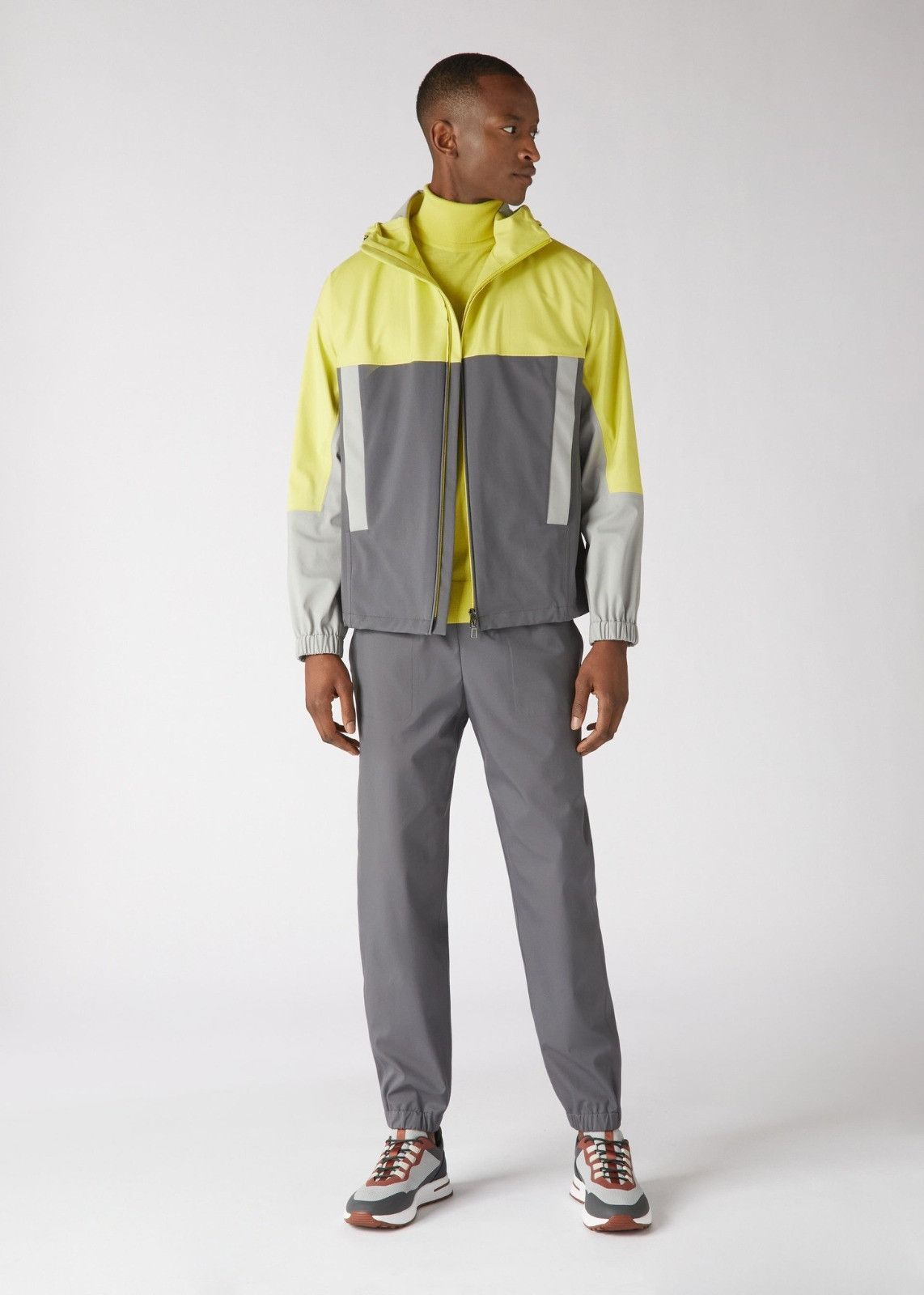 o1loc1c0124 Hooded, Technical Bomber Jacket in Grey/Yellow
