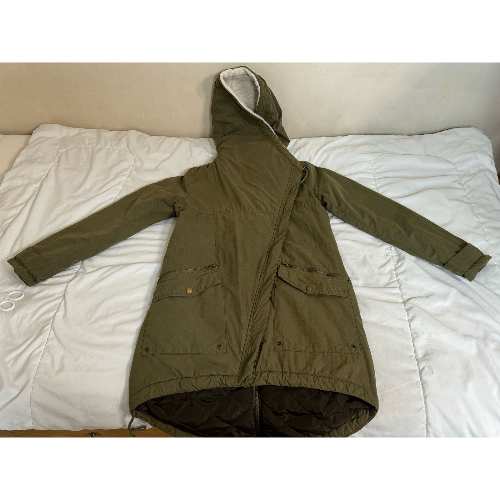Unknown London Charlotte Russe Sherpa Lined Olive Green Hoodded Parka Coat Size XS / US 0-2 / IT 36-38 - 5 Thumbnail