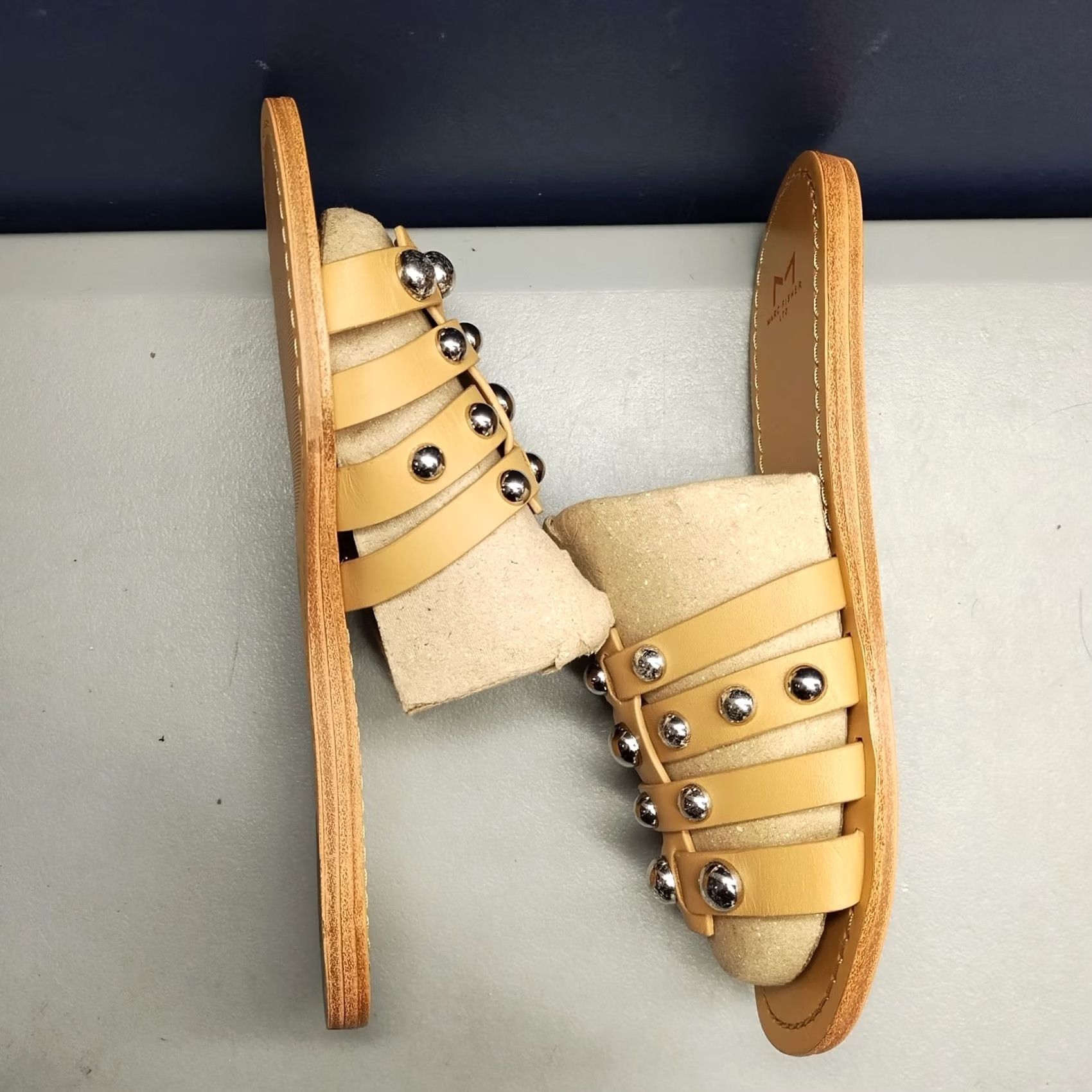 Marc Fisher Marc Fisher LTD Pava Slide Sandals Womens US 7.5M Brown Leather Studded Slip On Size US 8 / IT 38 - 4 Thumbnail