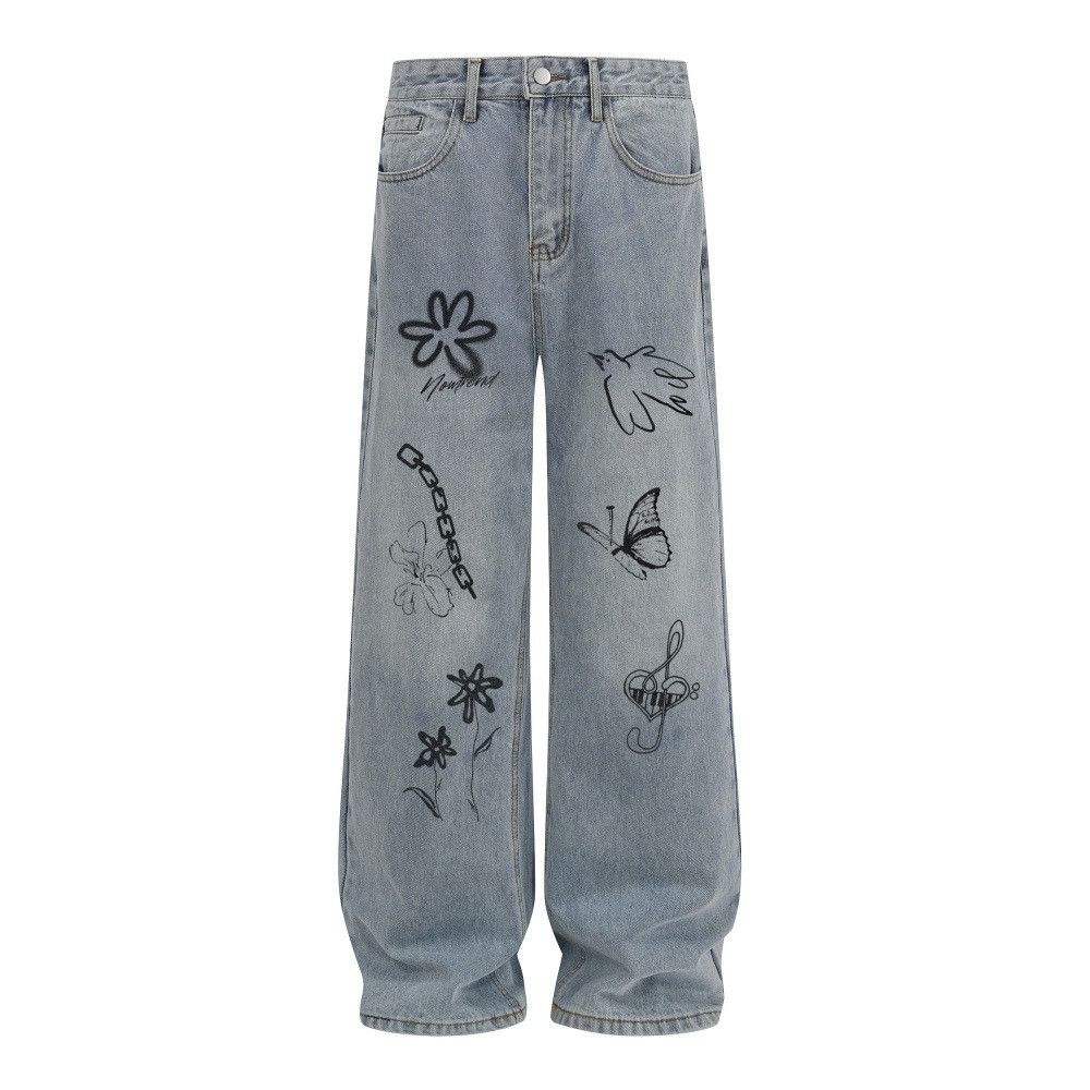 Japanese Brand Men's Retro Punk Distressed Graffiti Print Washed Jeans Size US 32 / EU 48 - 1 Thumbnail