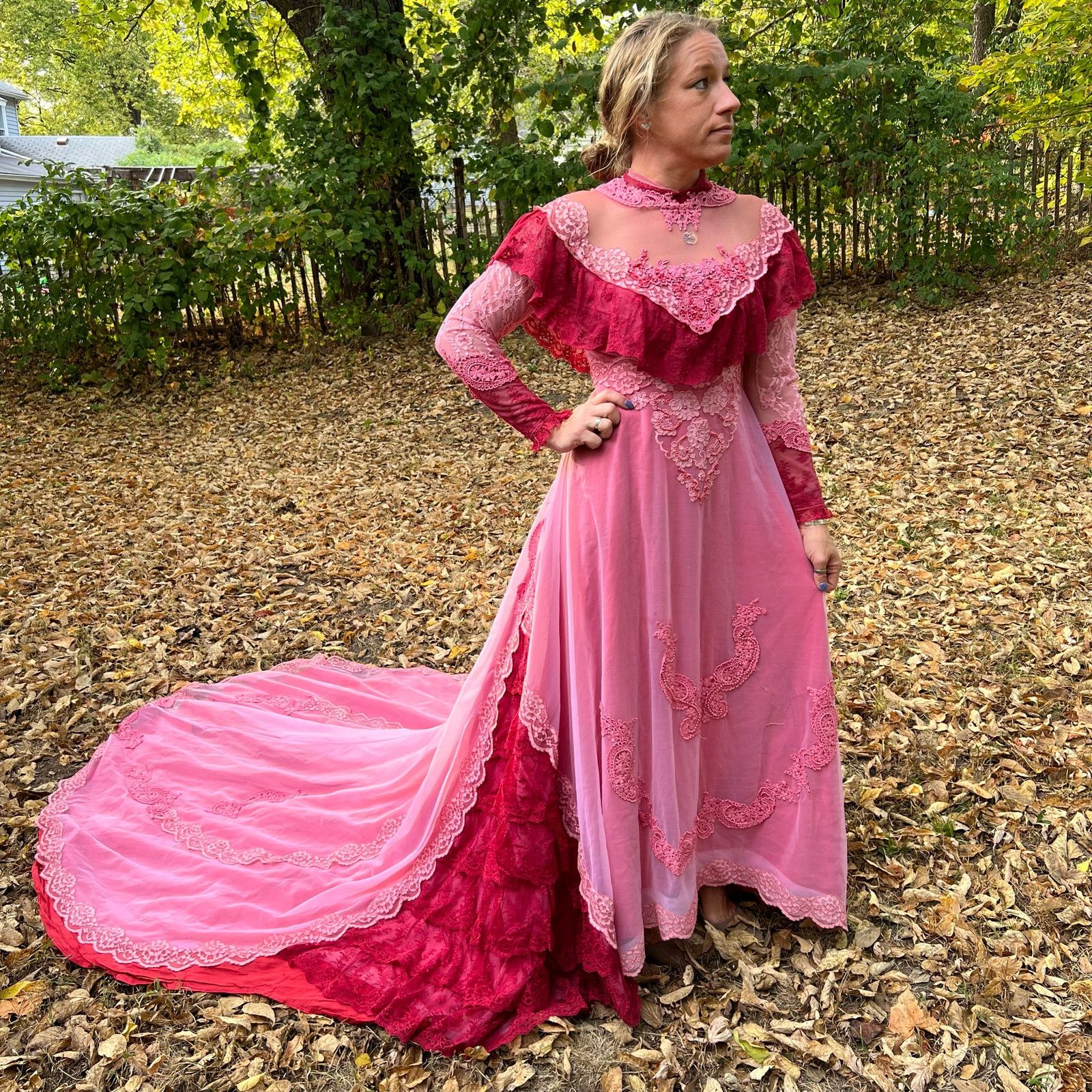 image of Vintage 70's Victorian Illusion Lace Ruffle Pink Red Wedding Dress, Women's (Size Medium)