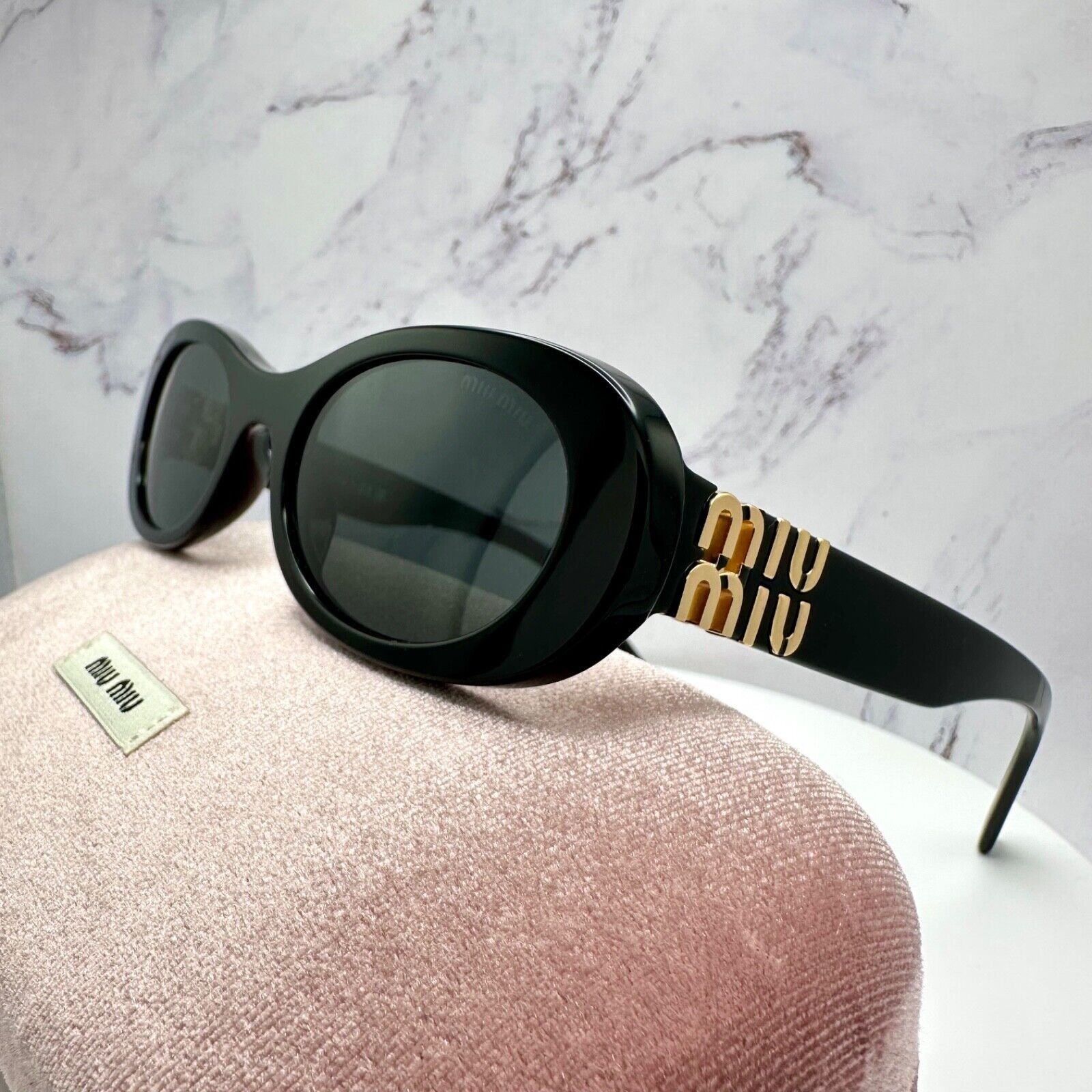 Miu Miu New MIU MIU Sunglasses Black Oval Gold Metal Logo Authentic Size ONE SIZE - 25 Thumbnail