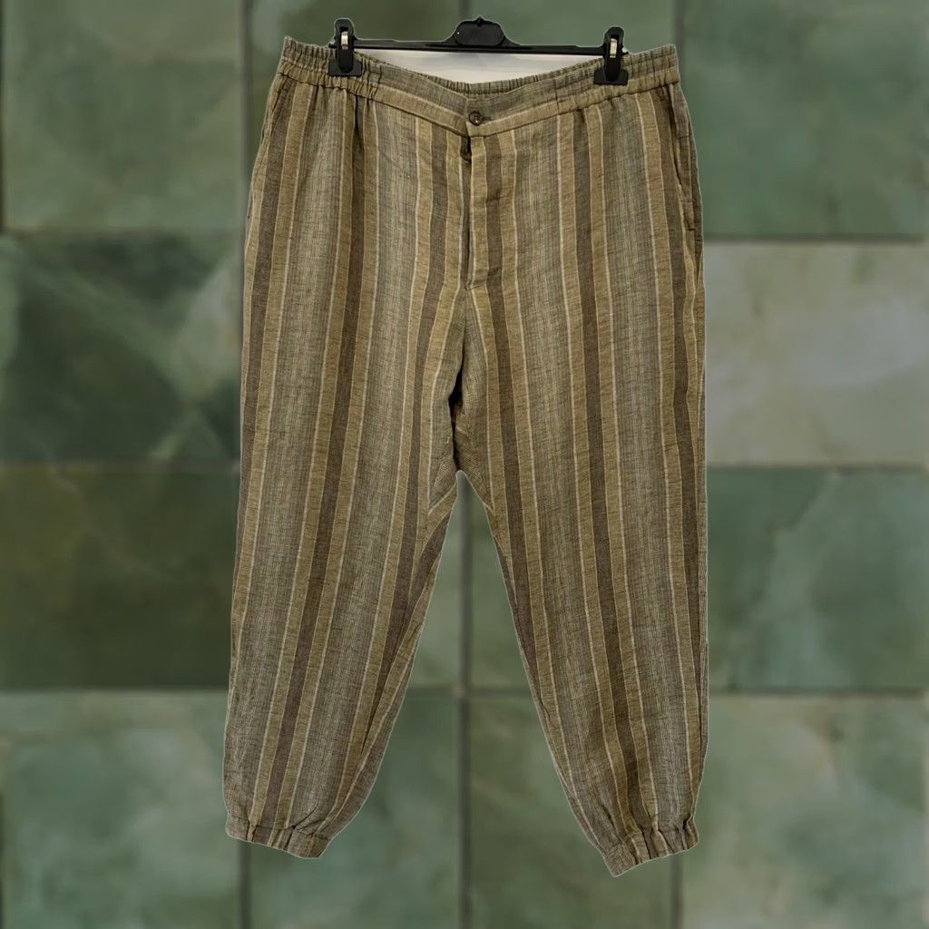 Etro Etro Milano Men’s Linen Striped Trousers Pants XL Brown Beige Blue Stripes 100% Linen Made in Italy Relaxed Elastic Hem 58 XL Threaded "P4" Size US 36 / EU 52 - 1 Thumbnail