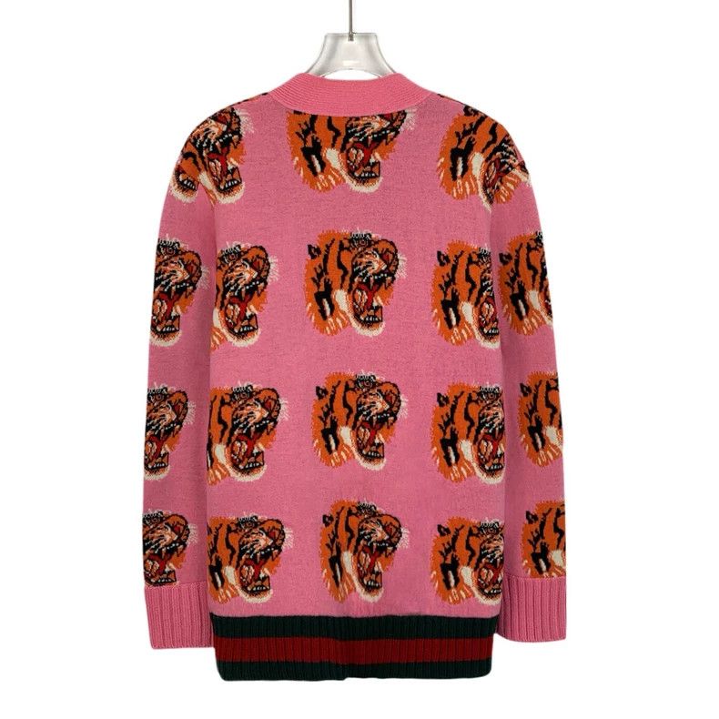 Gucci Gucci Pink tiger head full-printed wool V-neck knitted card Size US XS / EU 42 / 0 - 2 Thumbnail