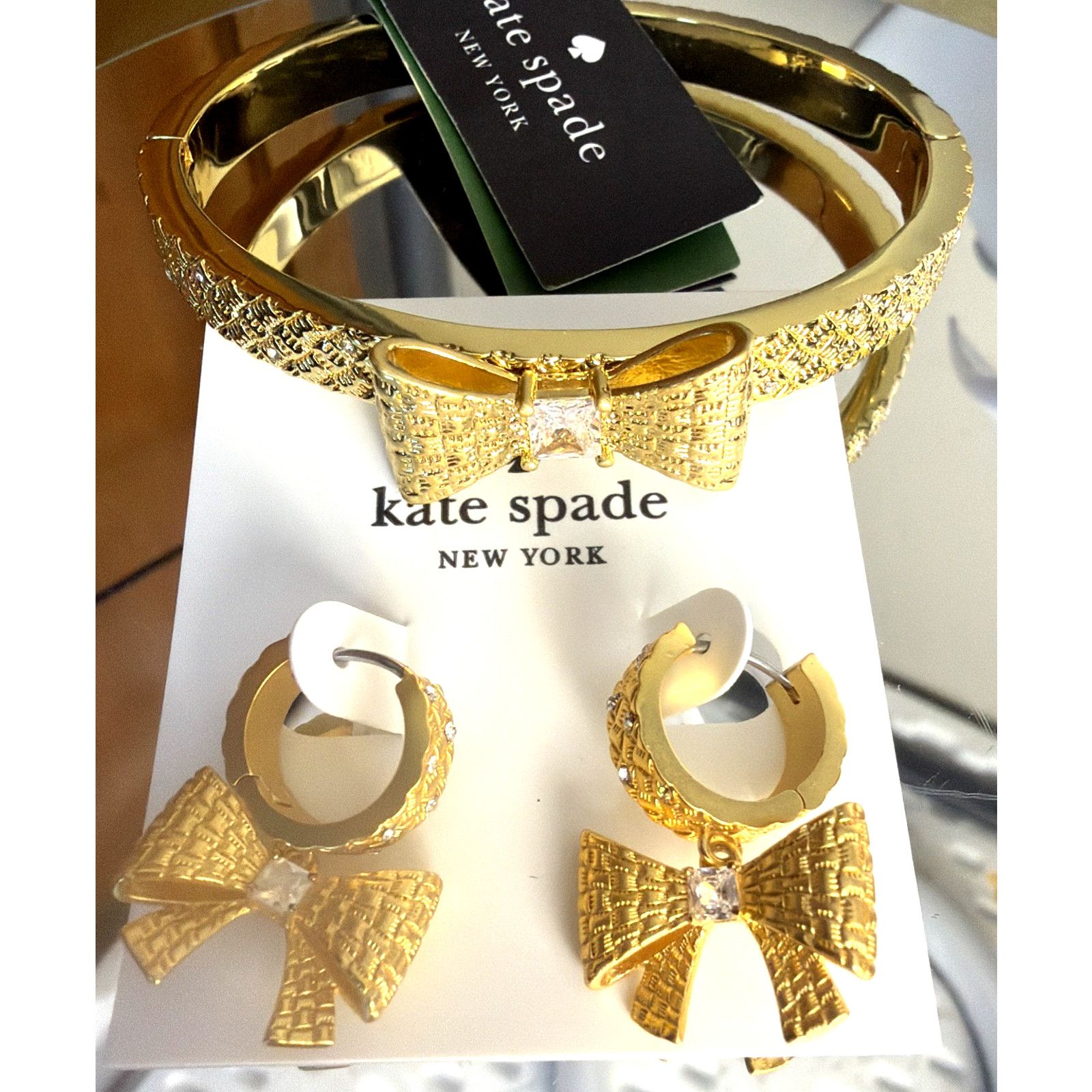 Kate Spade Kate Spade Bow Set Bracelet Huggie Earrings Gold Rhinestone Size ONE SIZE - 9 Thumbnail