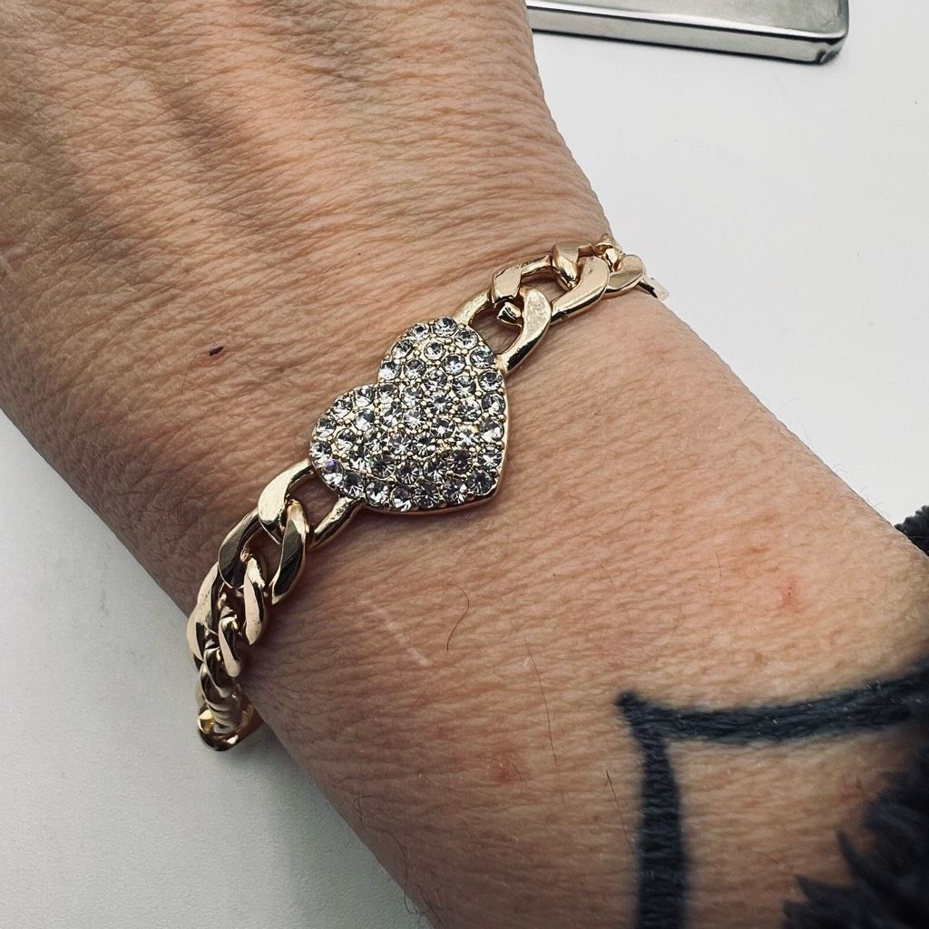 Other Gold Tone Cuban Link and Crystal Heart Bracelet Size ONE SIZE - 1 Thumbnail