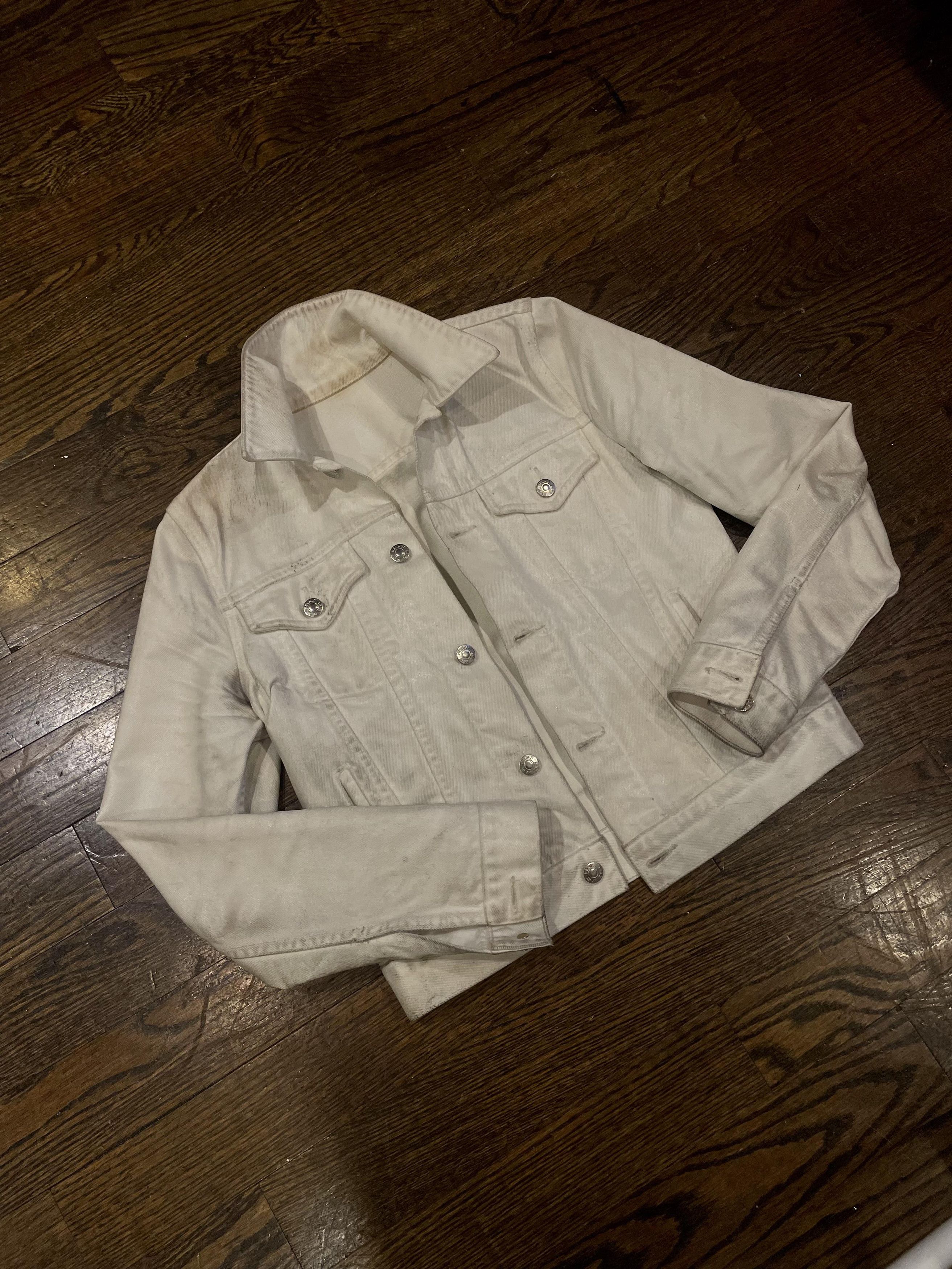 Image of Helmut Lang Dirty Waxed White Denim Trucker Jacket, Men's (Size Small)