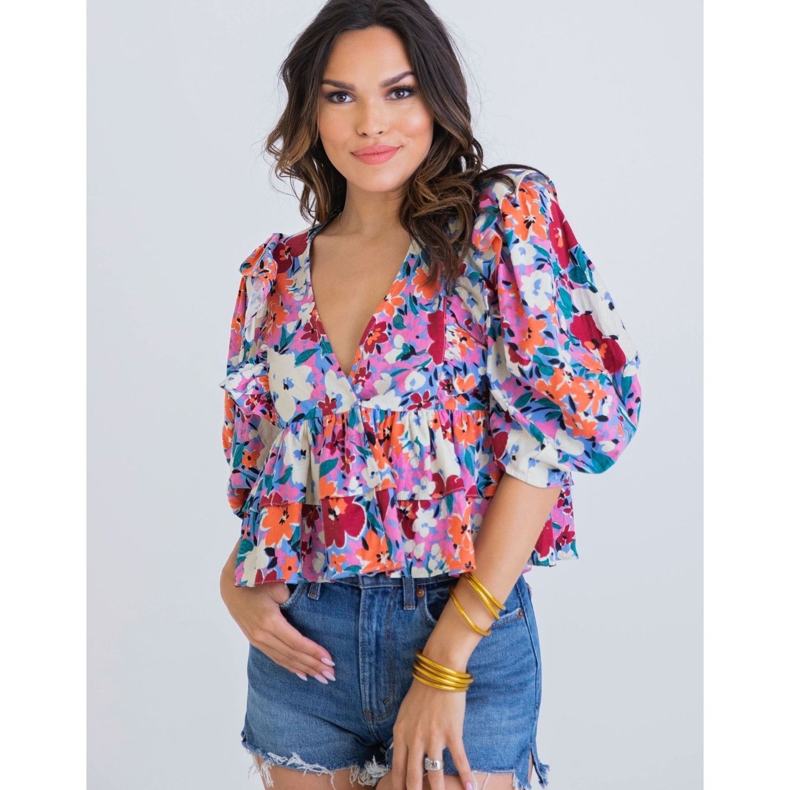 Other KARLIE Linen Floral V Neck Ruffle Top Pink Half Sleeve Med Size M / US 6-8 / IT 42-44 - 7 Thumbnail